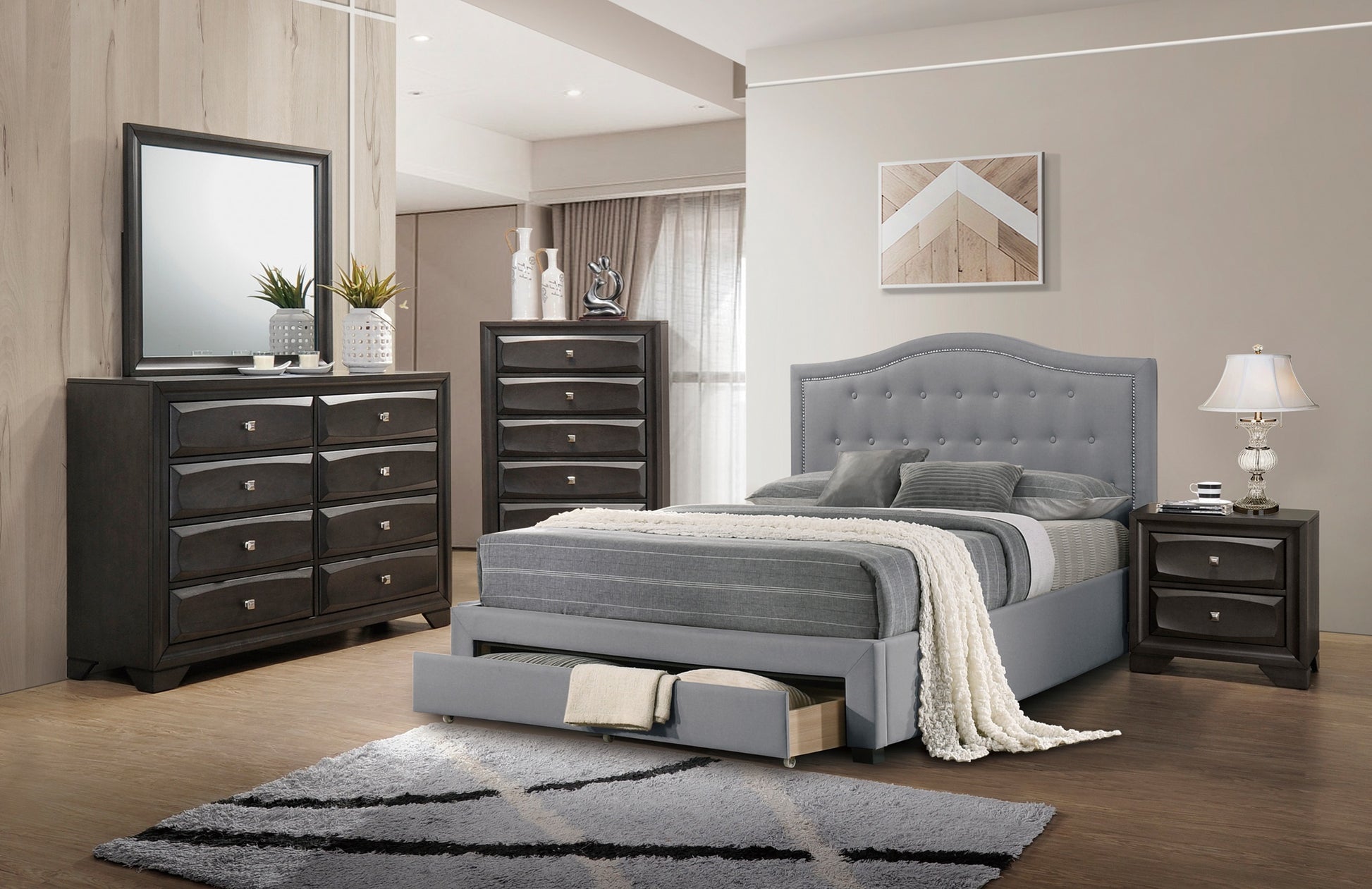 Light Grey Burlap Fabric 1Pcs Queen Size Bed W Drawer Button Tufted Arch Design Headboard Storage Fb Bedframe Bedroom Furniture Box Spring Not Required Queen Light Grey Wood Bedroom American Design,Contemporary,Modern,Transitional Bed Frame Burlap