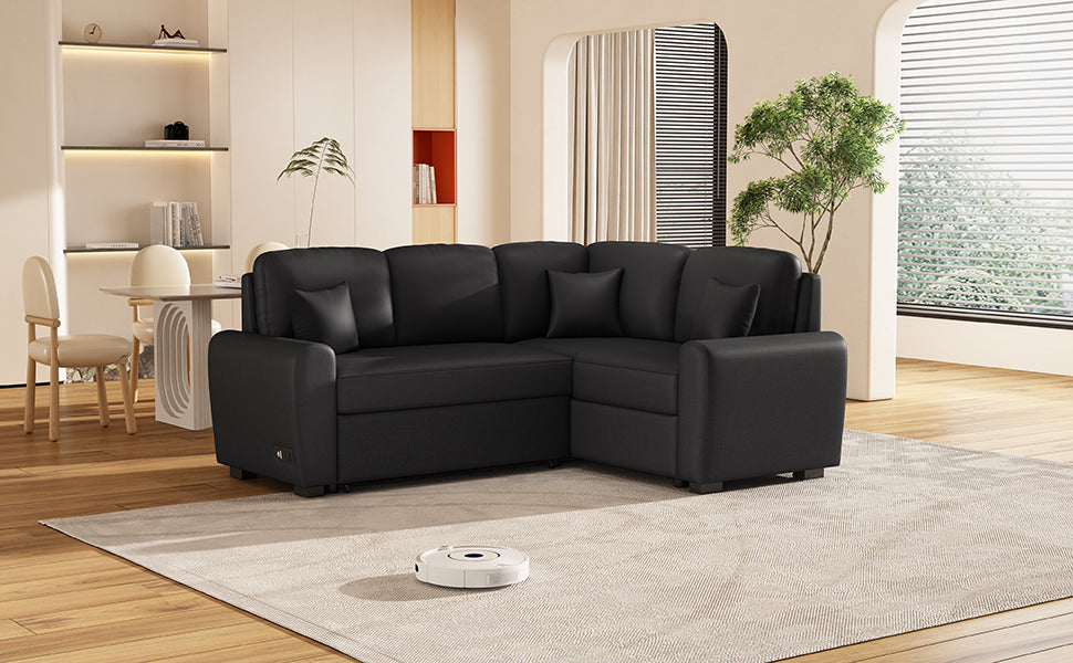 87.4"Sectional Sleeper Sofa With Usb Charging Port And Plug Outlet,Pull Out Sofa Bed With 3 Pillows, L Shape Chaise For Living Room Small Apartment,Black Old Sku Sg000720Aab Black Foam Linen