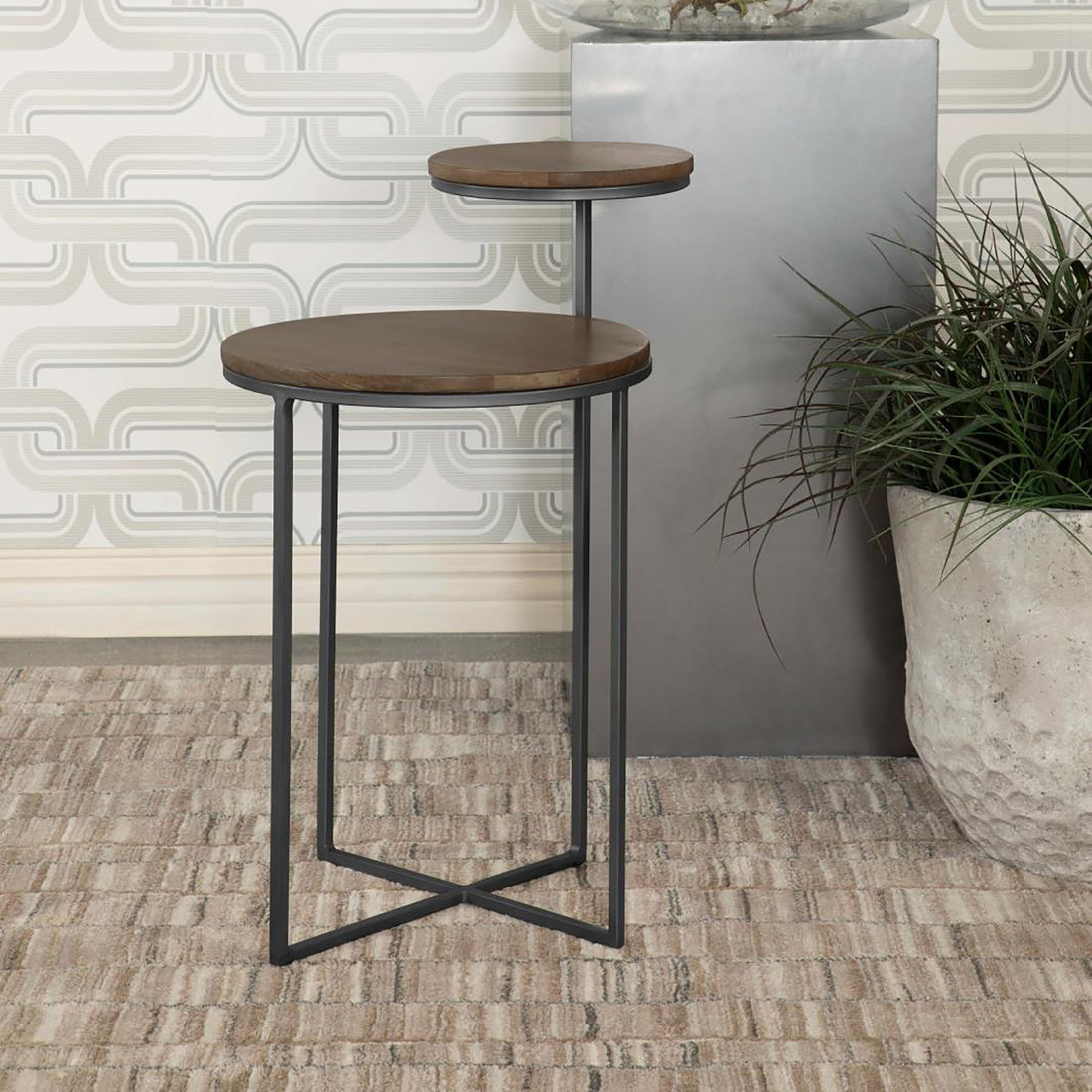 Natural And Gunmetal 2 Tier Accent Table Brown Primary Living Space Farmhouse,Rustic Mango Round Coffee & End Tables Wood