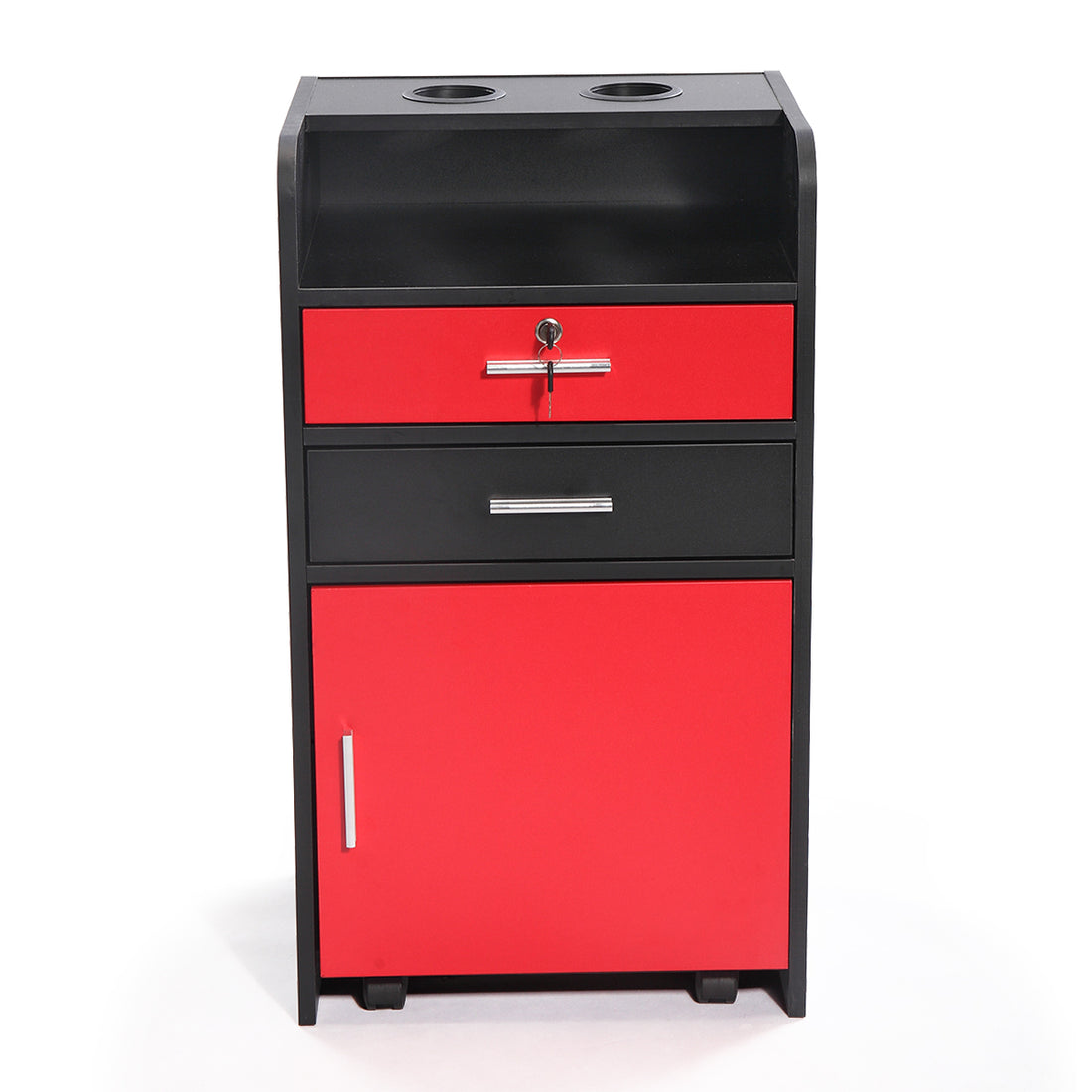 Salon Beauty Cabinet, 3 Layer Rolling Trolley With Storage Drawer, Wheels And 2 Hair Dryer Holders, Black Red Black Red Mdf