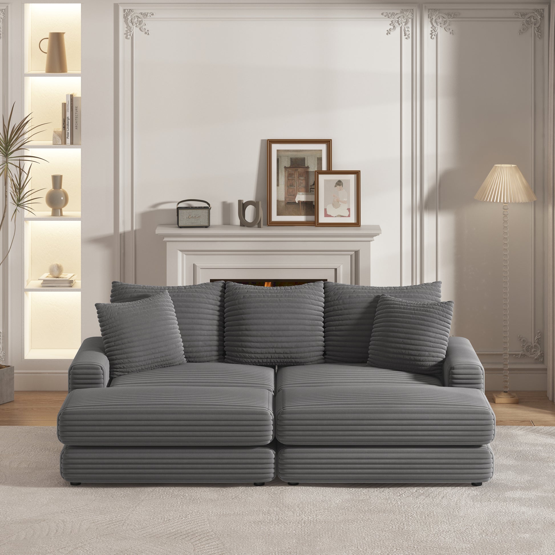 86.6 Inch Corduroy 3 Seater Sofa With 3 Back Pillows2 Toss Pillows And Two Ottoman ,Comfy Sofa Deep Seat Couch For Living Room Army Green Corduroy 3 Seat