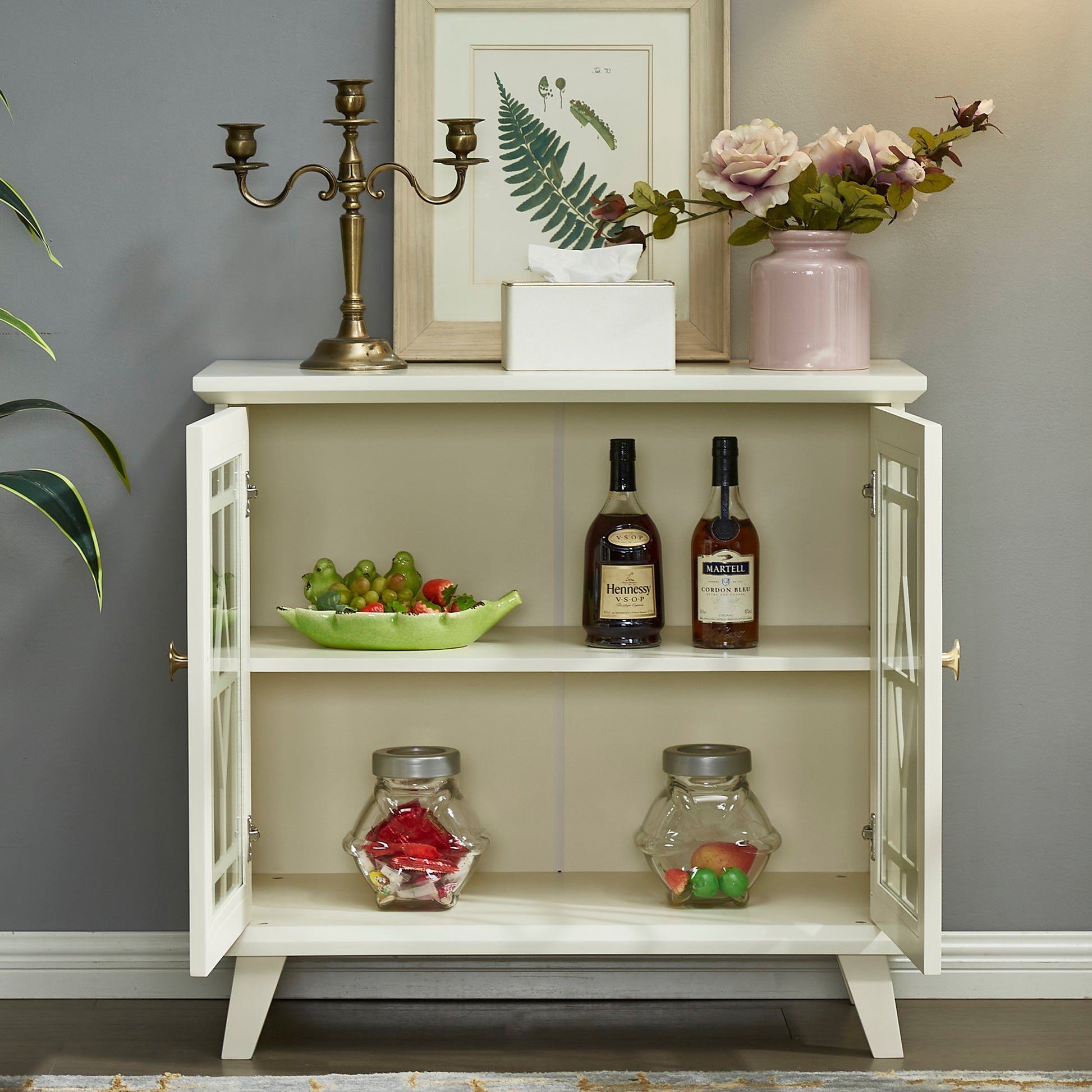 Storage Cabinet With Shelf, White Sideboard Cabinet For Living Room, Hallway, Dining Room, Entryway Lacquered Antique White Mdf Glass