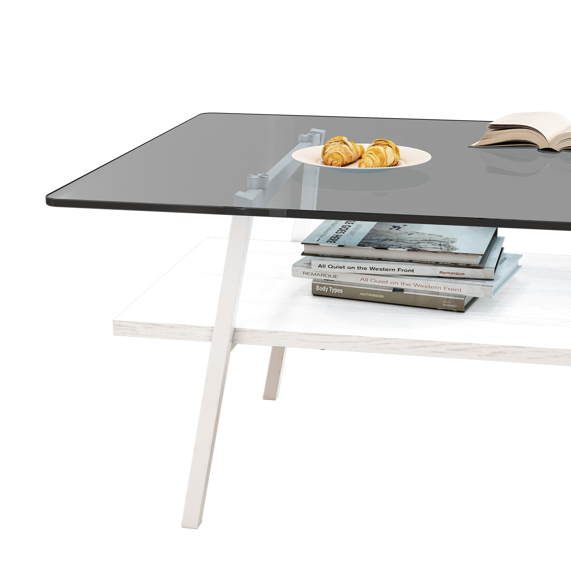 Rectangle Coffee Table, Tempered Glass Tabletop With White Metal Legs, Modern Table For Living Roomgray Glass Gray Tempered Glass