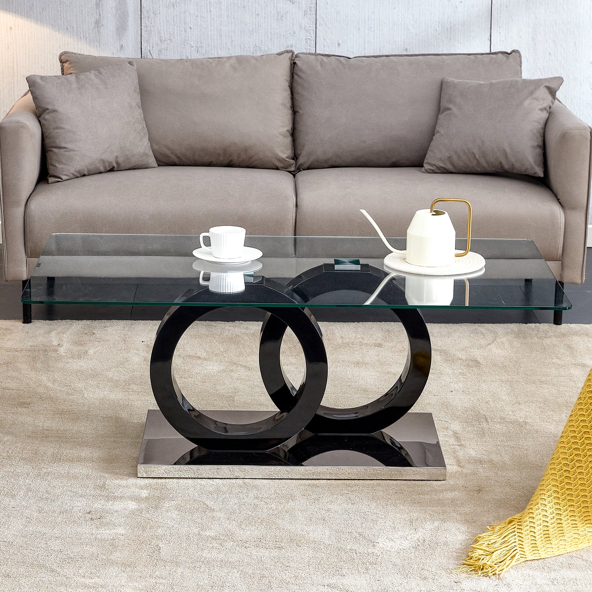 A Rectangular Modern And Fashionable Coffee Table With Tempered Glass Tabletop And Black Legs. Suitable For Living Room. 47.2"*25.4"*17.9" Black Glass