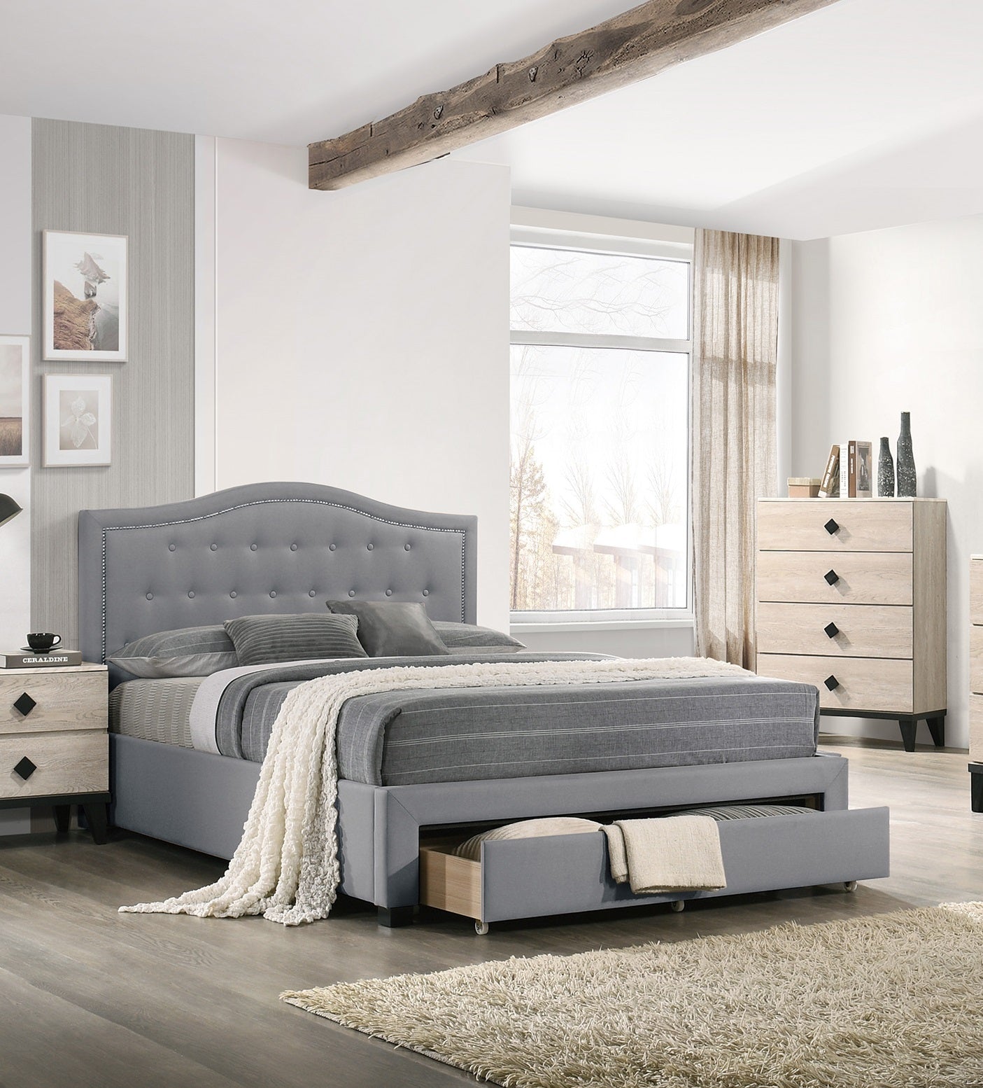 Light Grey Burlap Fabric 1Pcs Queen Size Bed W Drawer Button Tufted Arch Design Headboard Storage Fb Bedframe Bedroom Furniture Box Spring Not Required Queen Light Grey Wood Bedroom American Design,Contemporary,Modern,Transitional Bed Frame Burlap