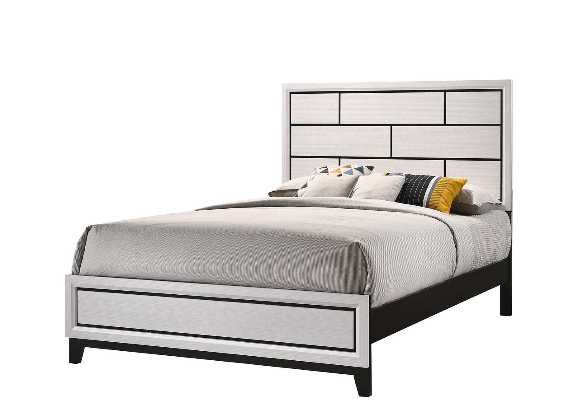 Cotemporary White Finish Queen Size Panel Low Profile Bed Geometric Design Wooden Bedroom Furniture White Solid Wood