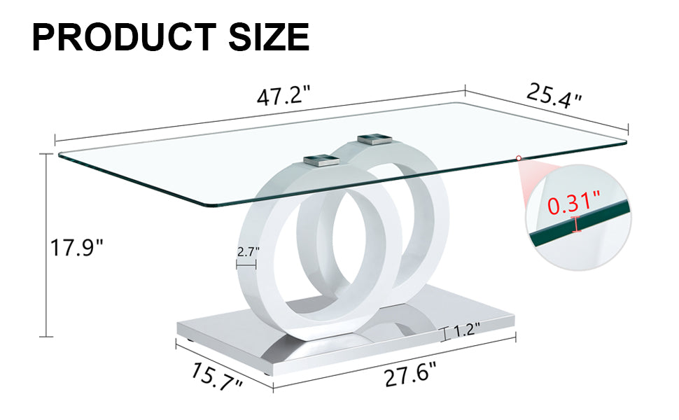 Rectangular Modern And Fashionable Coffee Table With Tempered Glass Tabletop And White Legs. Suitable For Living Room.47.2"*25.4"*17.9" White Glass