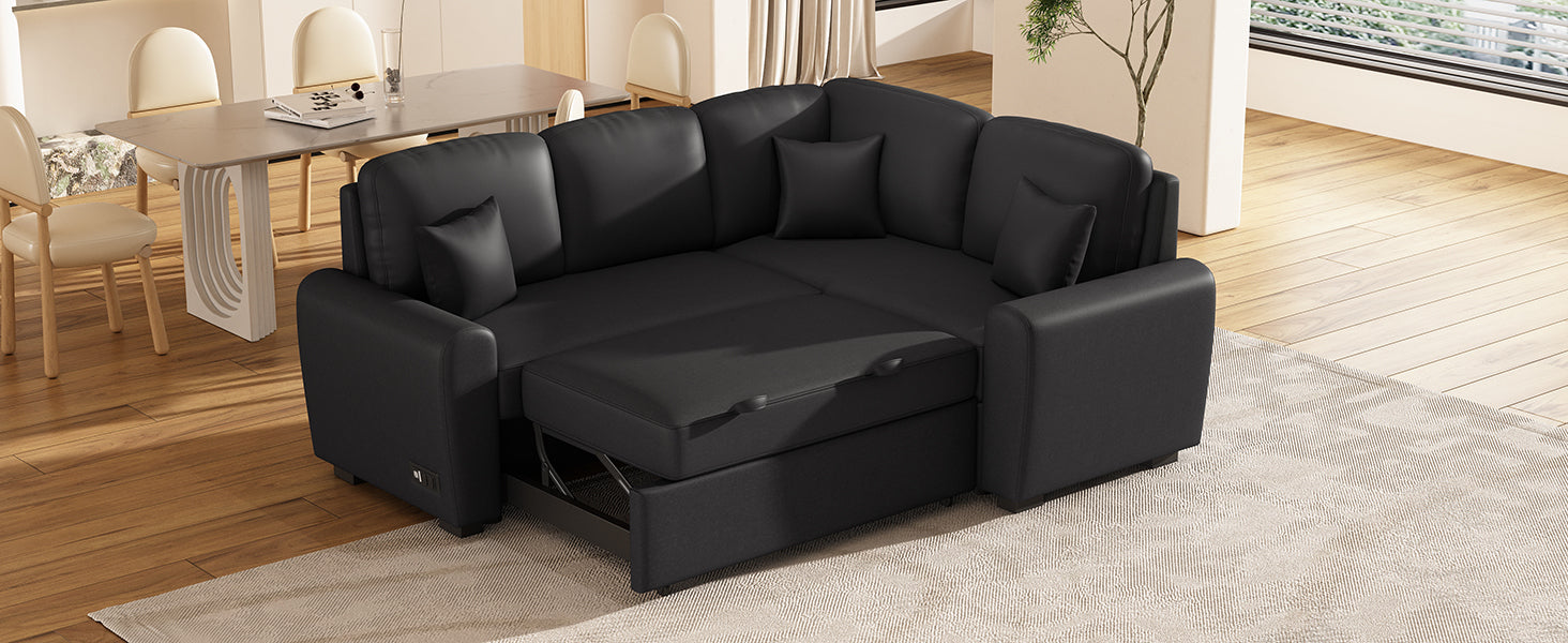 87.4"Sectional Sleeper Sofa With Usb Charging Port And Plug Outlet,Pull Out Sofa Bed With 3 Pillows, L Shape Chaise For Living Room Small Apartment,Black Old Sku Sg000720Aab Black Foam Linen