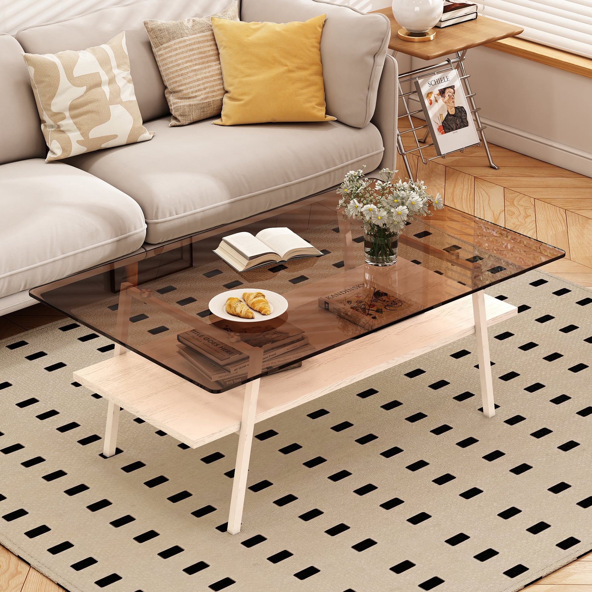 Coffee Table And End Tables Set Of 3, Tempered Glass Table With Mdf Layer, Modern Tables For Living Roombrown Glass Brown Tempered Glass