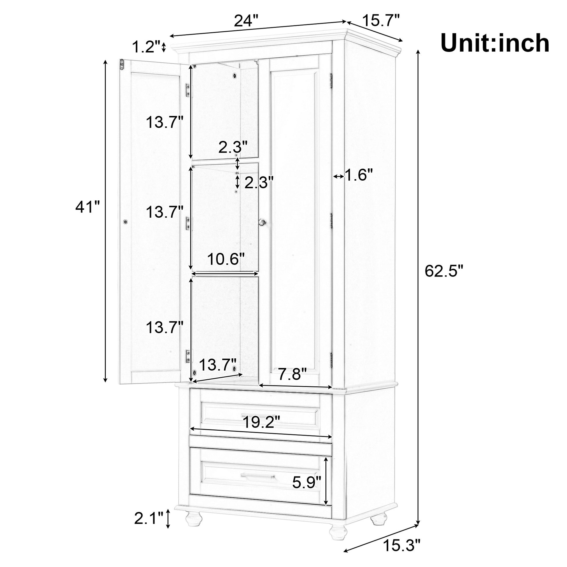 Tall Storage Cabinet With Two Drawers For Bathroom Office, White White Mdf