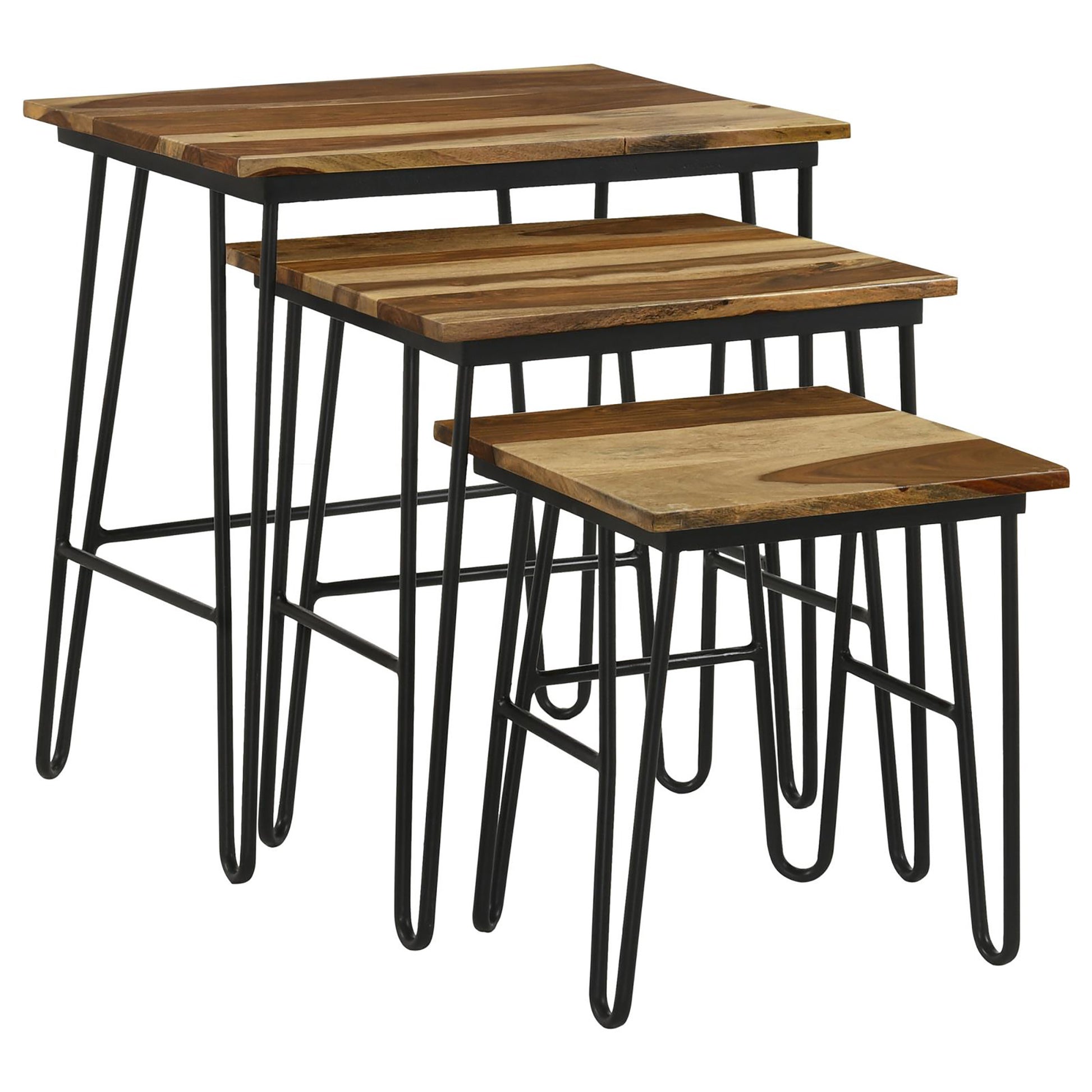Natural And Black 3 Piece Nesting Table With Hairpin Legs Brown Primary Living Space Industrial Sheesham Rectangular Coffee & End Tables Wood Hairpin