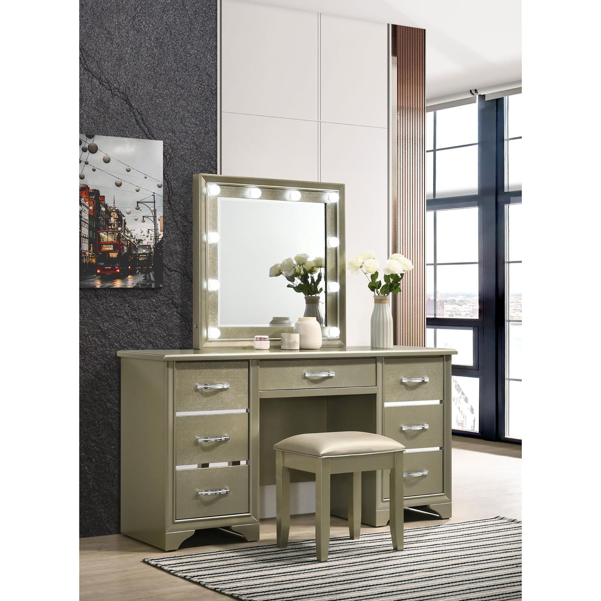 Champagne Vanity Stool With Padded Seat Gold Bar Stools & Counter Stools Bedroom Rectangular Glam Armless Rubberwood Wood