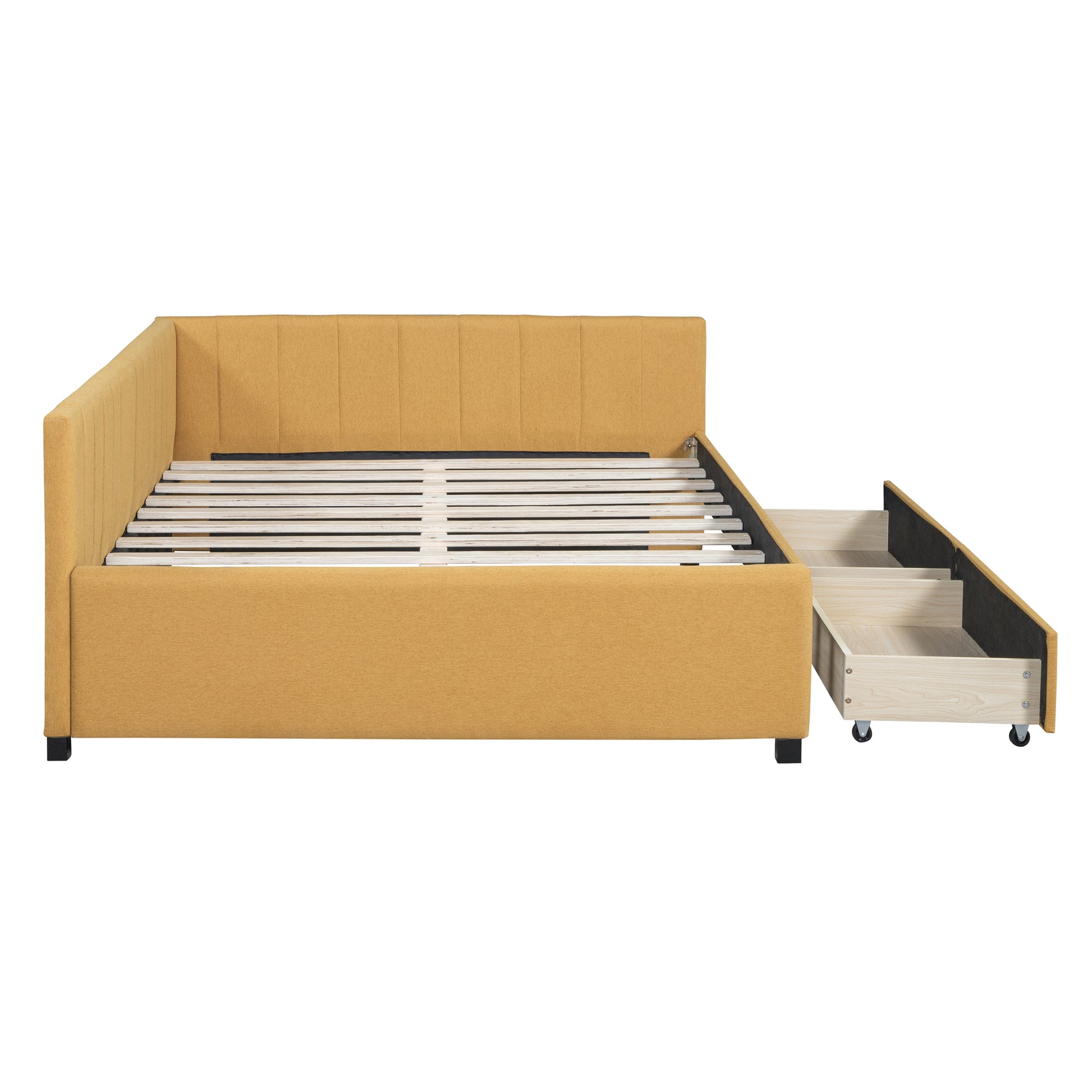 Full Size Upholstered Daybed With 2 Storage Drawers Sofa Bed Frame No Box Spring Needed, Linen Fabric Yellow Yellow Linen