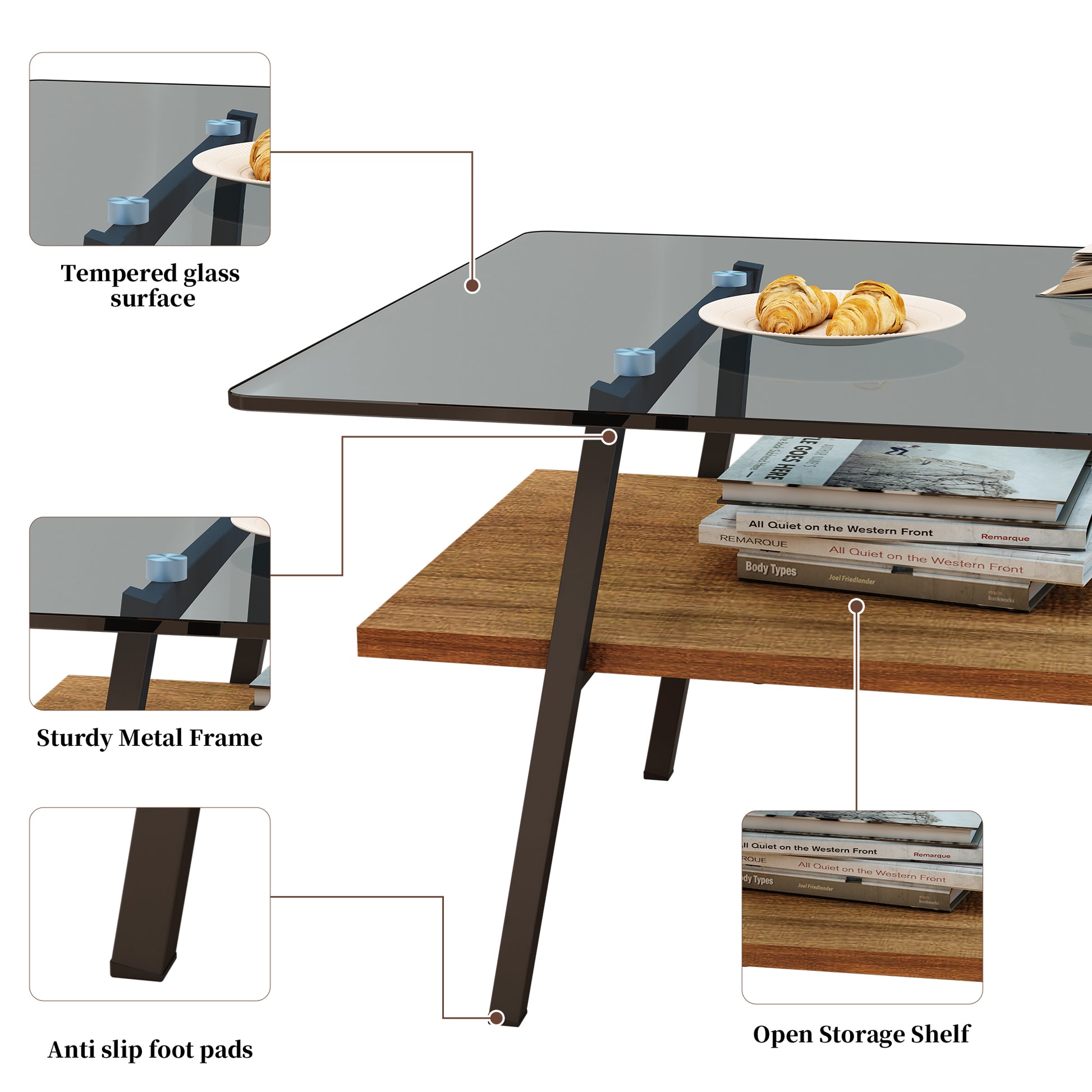 Rectangle Coffee Table, Tempered Glass Tabletop With Black Metal Legs, Modern Table For Living Roomgray Glass Gray Tempered Glass