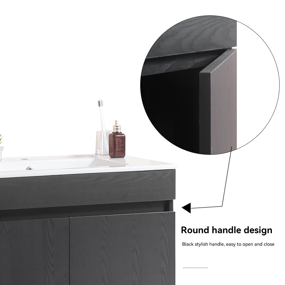 30 Inch Wall Mounted Bathroom Vanity With White Ceramic Basin,Two Soft Close Cabinet Doors, Solid Wood,Excluding Faucets,Black Black Solid Wood