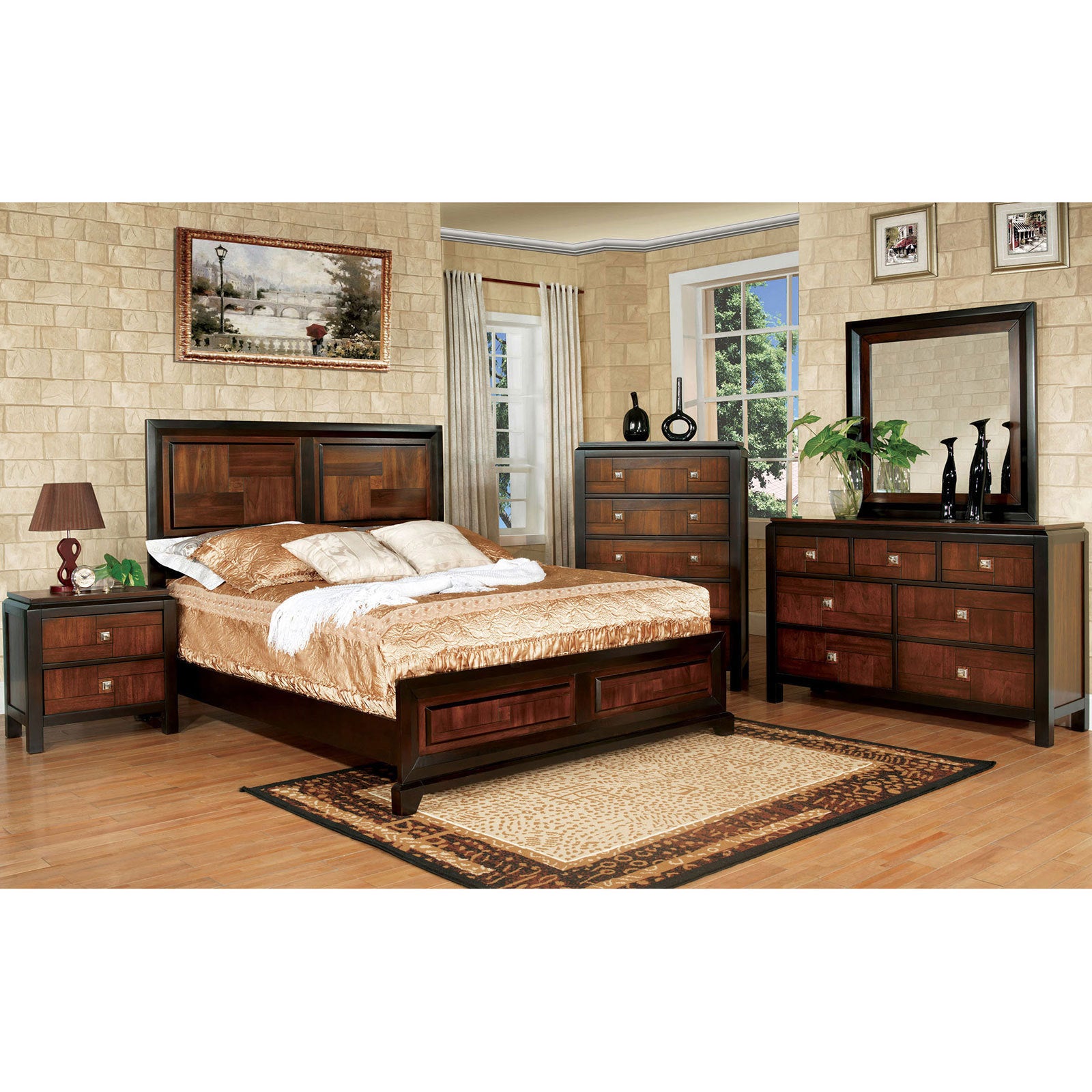 Transitional Queen Size Bed Acacia Walnut Solidwood 1Pcs Bed Bedroom Furniture Parquet Design Headboard And Footboard Bedframe Box Spring Required Queen Walnut Wood Bedroom Contemporary,Modern Bed Frame Solid Wood