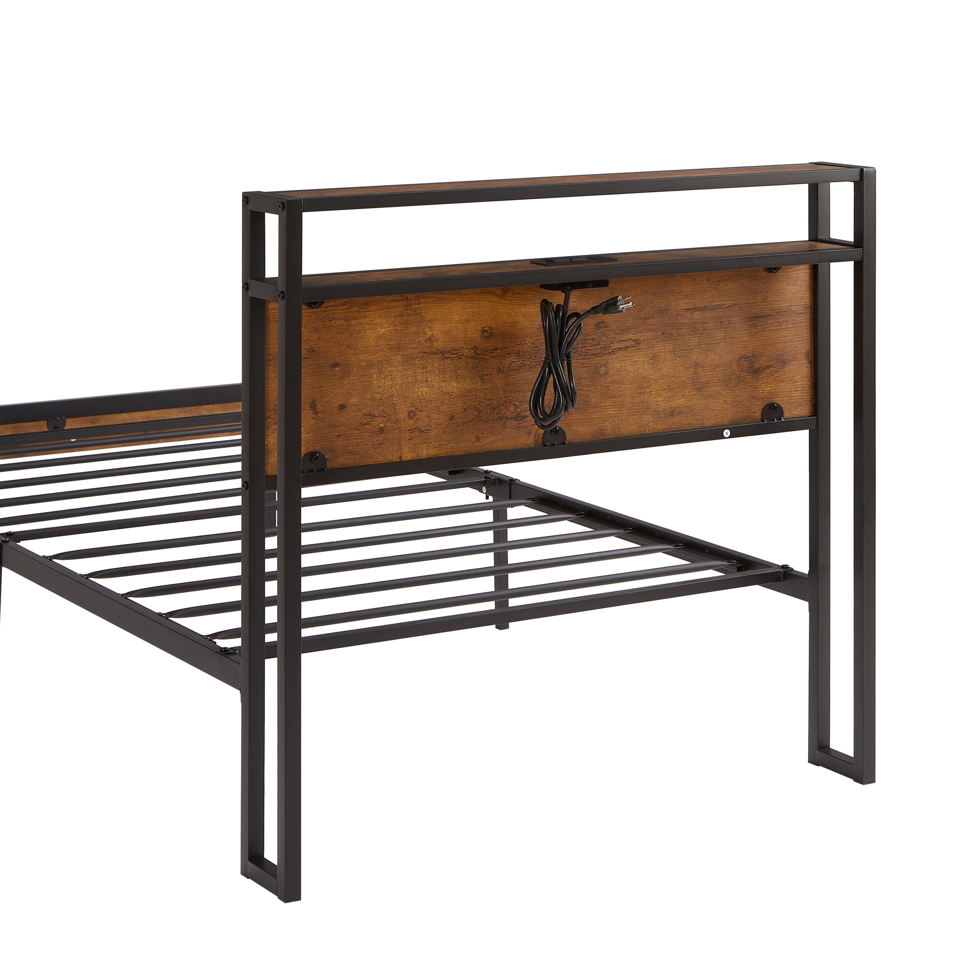Twin Size Metal Platform Bed Frame With Wooden Headboard And Footboard With Usb Liner, Led Lights ,No Box Spring Needed, Large Under Bed Storage, Easy Assemble Black Brown Metal
