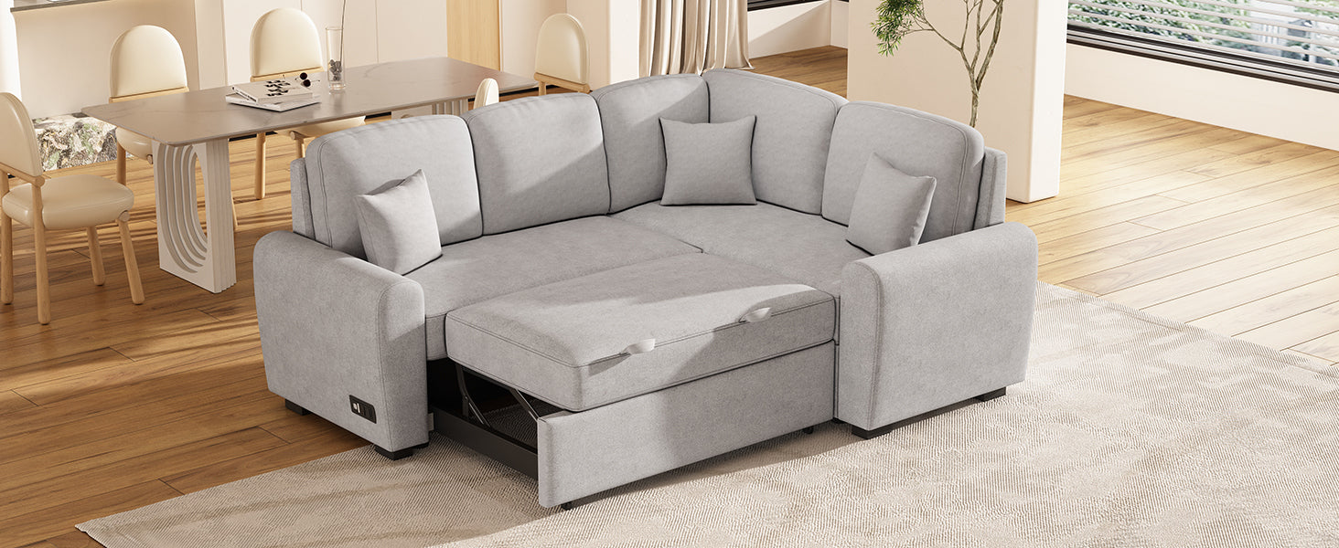 87.4"Sectional Sleeper Sofa With Usb Charging Port And Plug Outlet,Pull Out Sofa Bed With 3 Pillows, L Shape Chaise For Living Room Small Apartment,Grey Old Sku Sg000720Aae Grey Foam Chenille