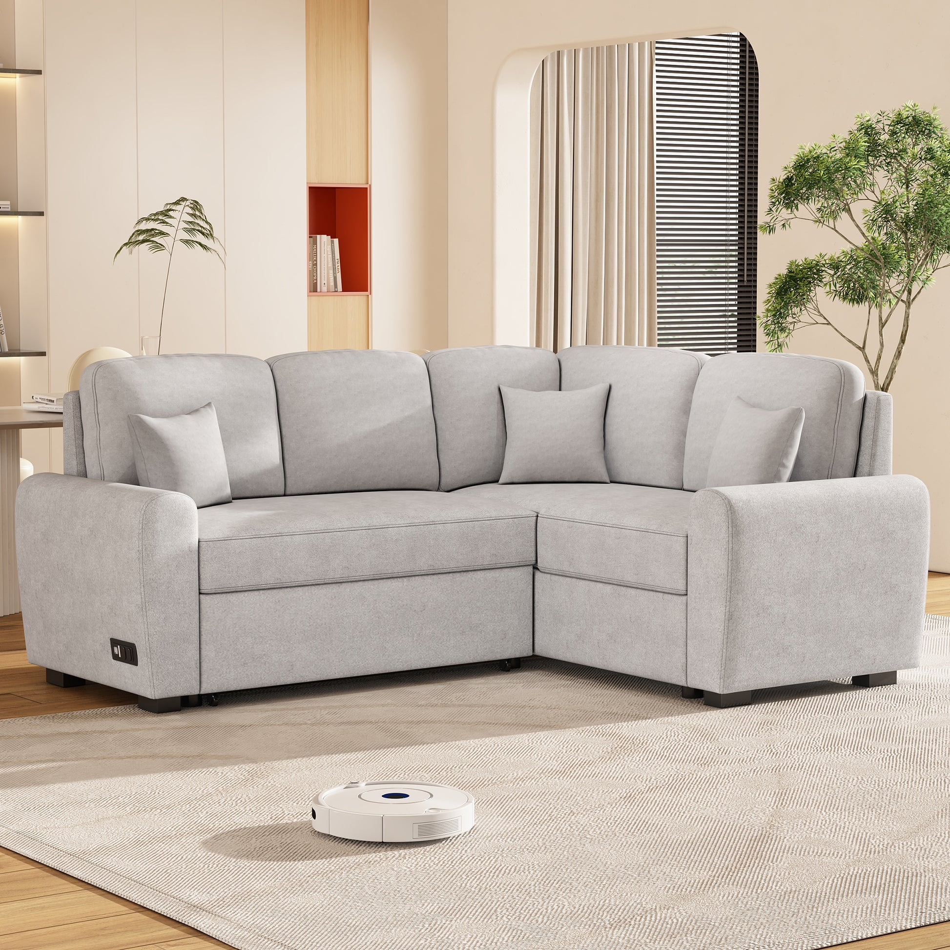 87.4"Sectional Sleeper Sofa With Usb Charging Port And Plug Outlet,Pull Out Sofa Bed With 3 Pillows, L Shape Chaise For Living Room Small Apartment,Grey Old Sku Sg000720Aae Grey Foam Chenille