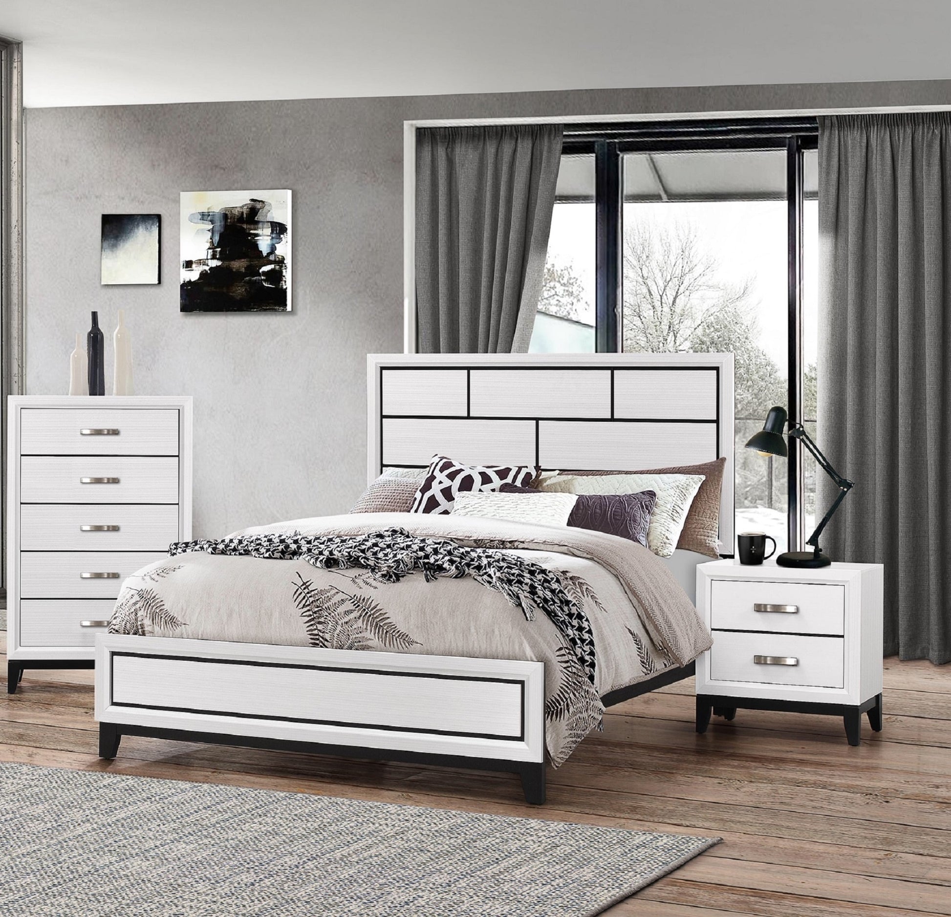 Cotemporary White Finish Queen Size Panel Low Profile Bed Geometric Design Wooden Bedroom Furniture White Solid Wood