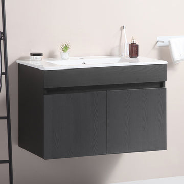 30 Inch Wall Mounted Bathroom Vanity With White Ceramic Basin,Two Soft Close Cabinet Doors, Solid Wood,Excluding Faucets,Black Black Solid Wood