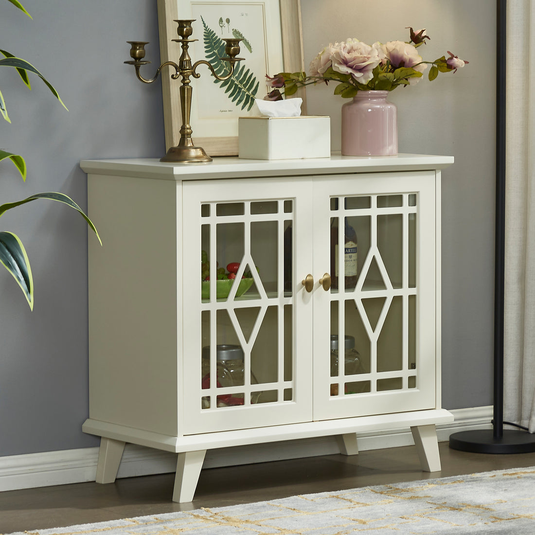 Storage Cabinet With Shelf, White Sideboard Cabinet For Living Room, Hallway, Dining Room, Entryway Lacquered Antique White Mdf Glass