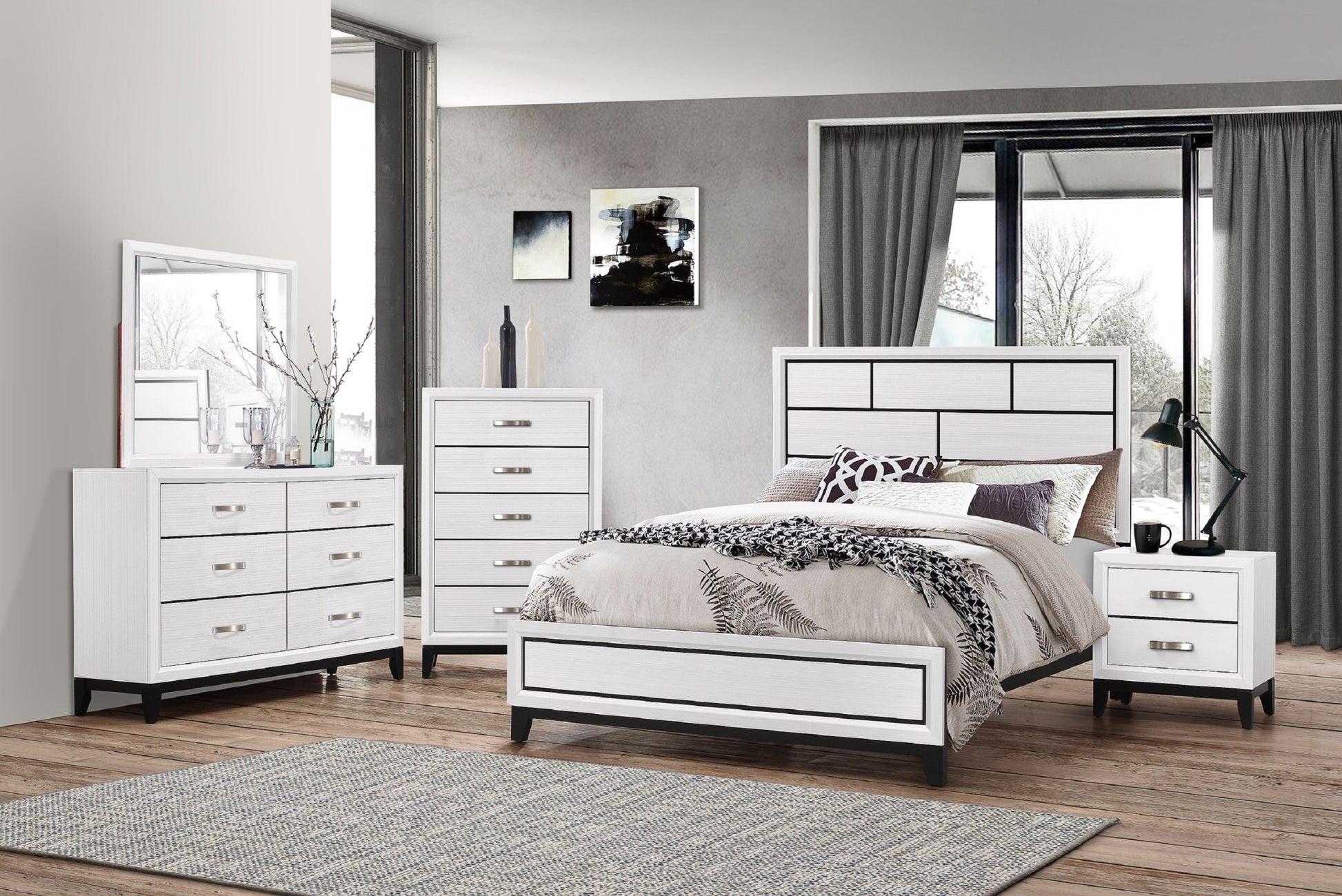 Cotemporary White Finish Queen Size Panel Low Profile Bed Geometric Design Wooden Bedroom Furniture White Solid Wood