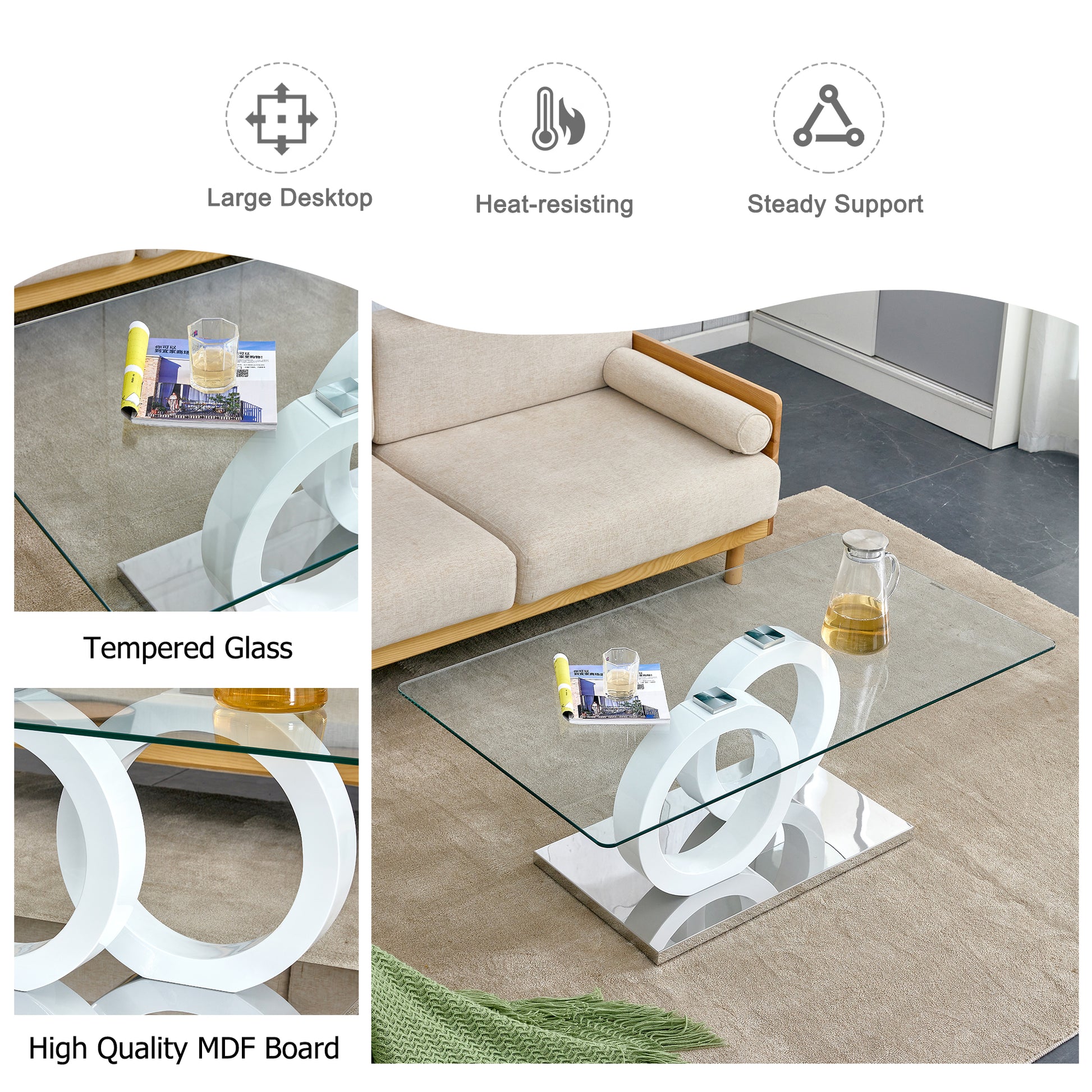 Rectangular Modern And Fashionable Coffee Table With Tempered Glass Tabletop And White Legs. Suitable For Living Room.47.2"*25.4"*17.9" White Glass