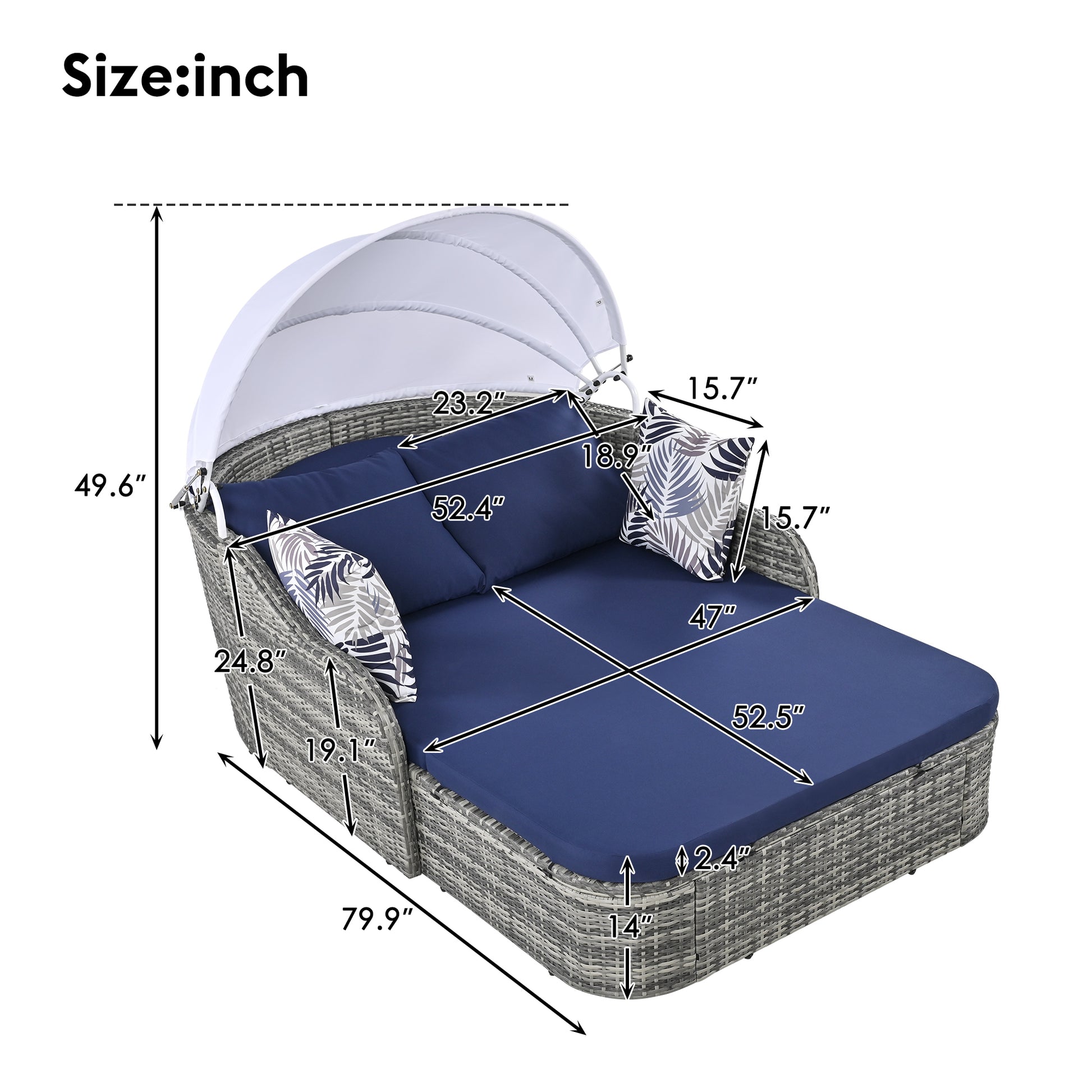 79.9" Outdoor Sunbed With Adjustable Canopy, Daybed With Pillows, Double Lounge, Pe Rattan Daybed, Gray Wicker And Blue Cushion Yes Blue Grey Garden & Outdoor Wicker