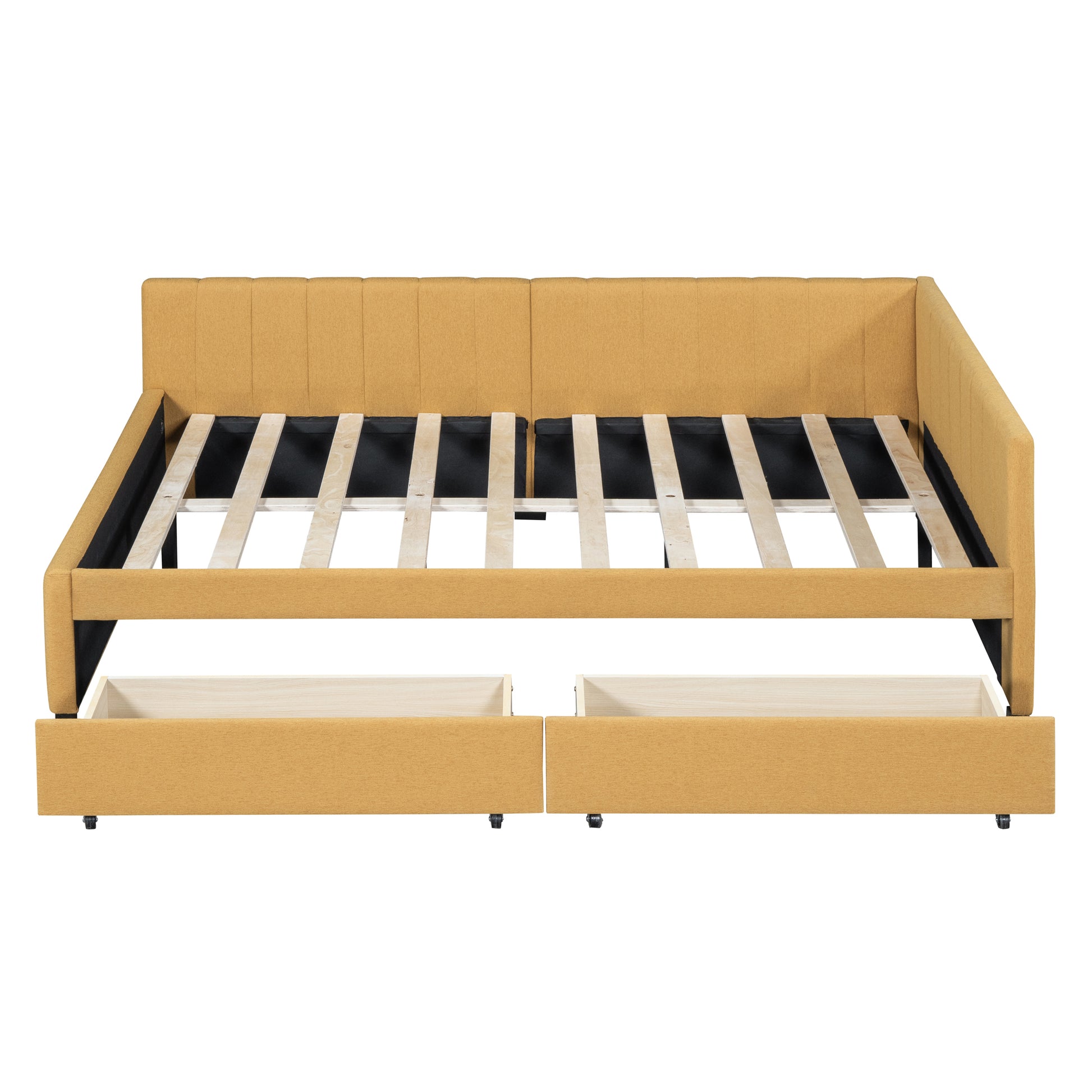 Full Size Upholstered Daybed With 2 Storage Drawers Sofa Bed Frame No Box Spring Needed, Linen Fabric Yellow Yellow Linen