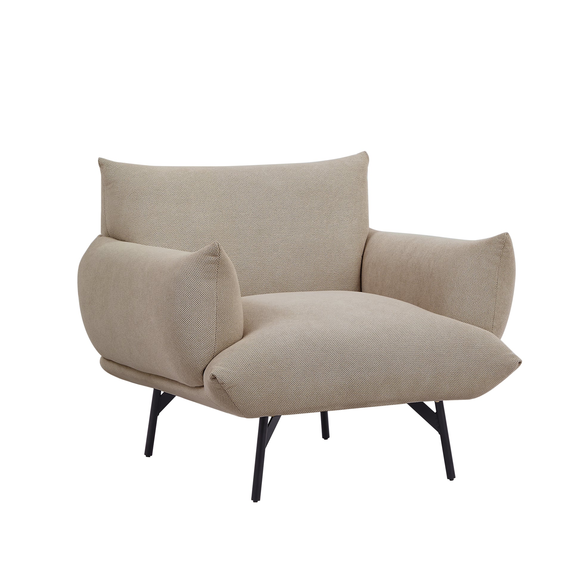 36" Modern Accent Upholstered Armchair, Beige Flannelette Fabric Reading Chair, Originality Of Shapes And Black Metal Legs Single Sofa For Bedroom, Apartment, Office, Lounge. Beige Foam Fabric