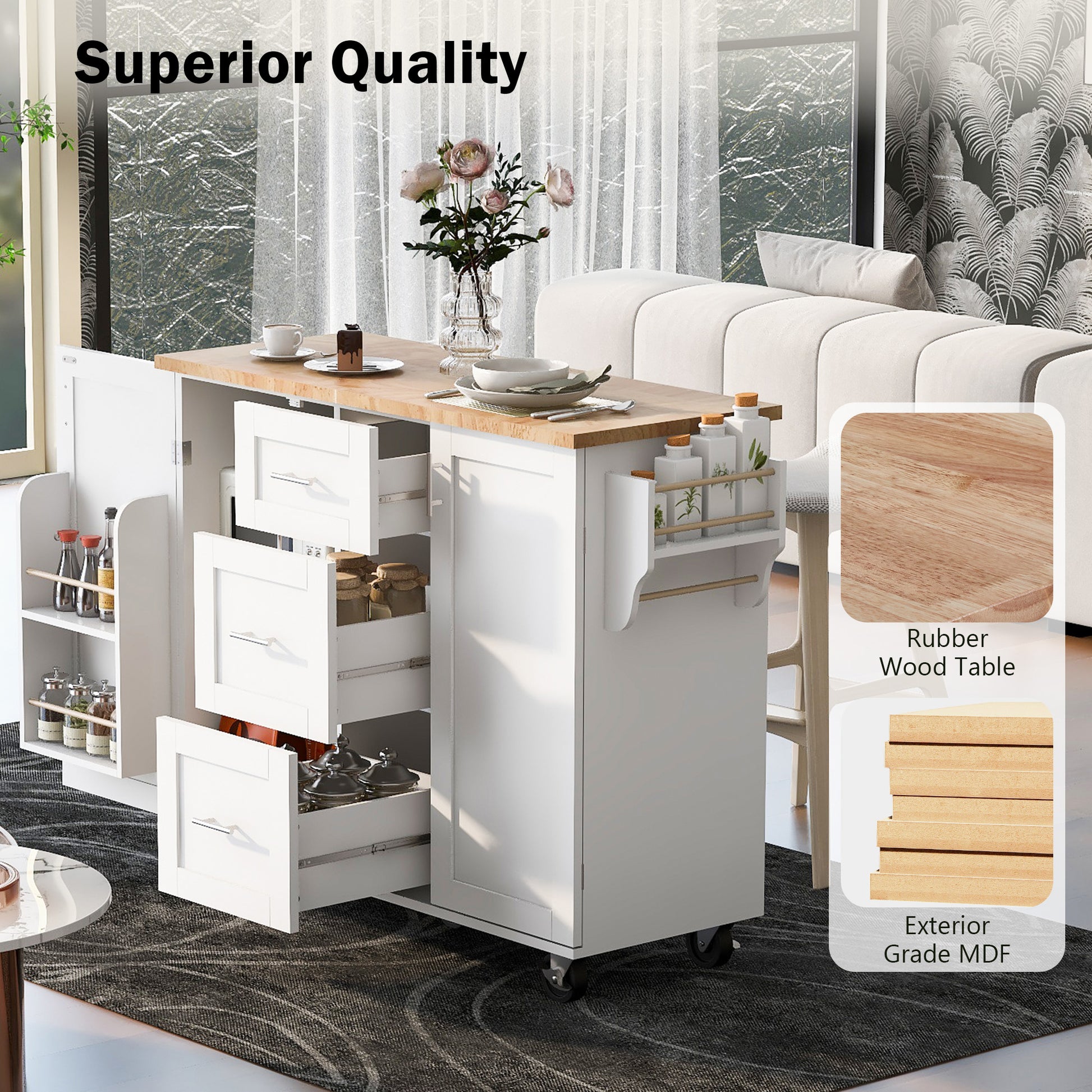 K&K Rolling Kitchen Island With Storage, Kitchen Cart With Rubber Wood Top, 3 Drawer, 2 Slide Out Shelf And Internal Storage Rack, Kitchen Island On Wheels With Spice Rack & Tower Rack, White White Kitchen Classic,European,Modern Rectangular Kitchen