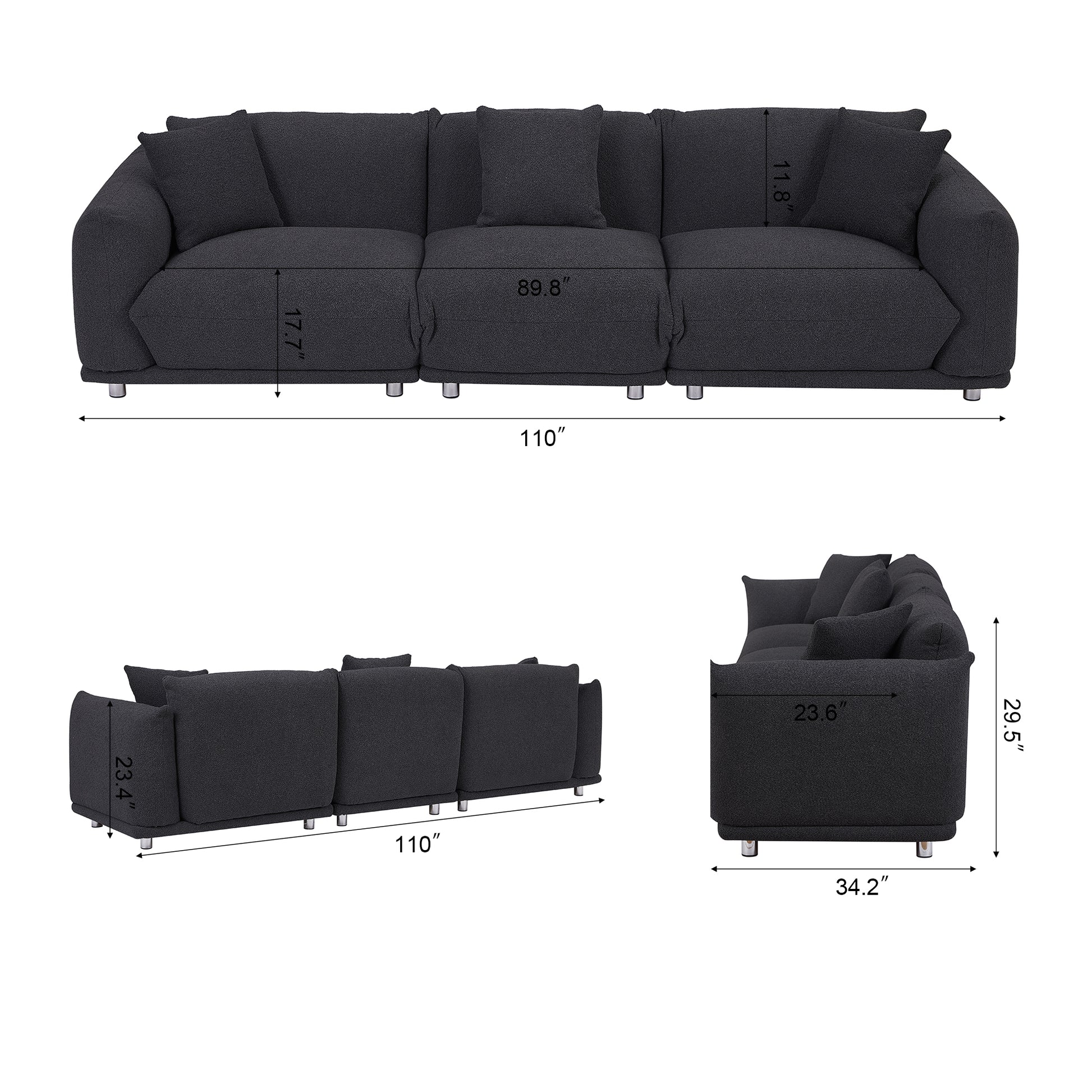 Originality Shapes Black Lambswool Sherpa 4 Seater Sofa With Metal Legs, Solid Wood Frame Couch With 3 Pillows, Linear And Modular Version Design, Possibility Combined Armchair Current Style Black Wood Primary Living Space Heavy Duty Foam Fabric 4 Seat