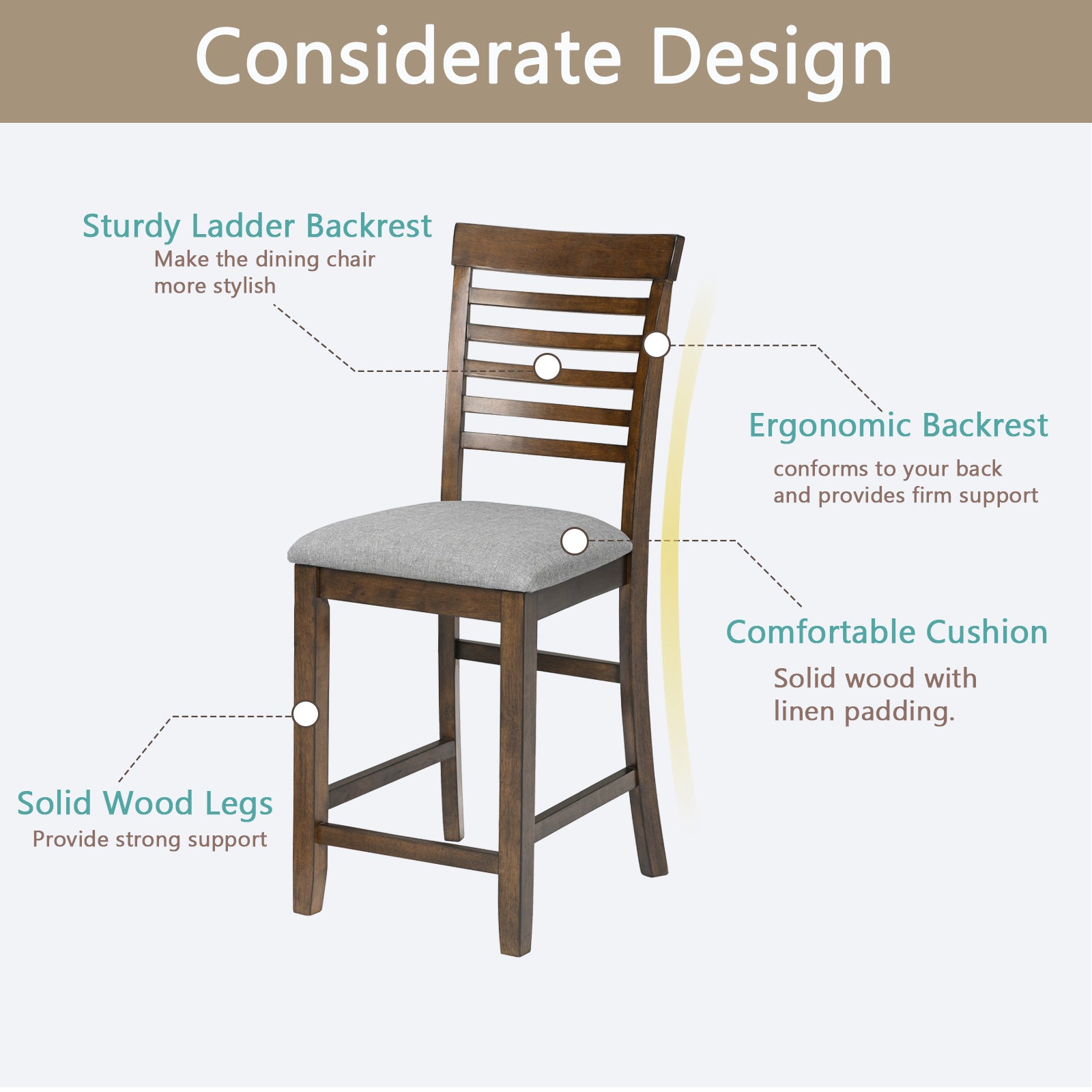 Dining Room Furniture Counter Height Chairs Set Of 4, Kitchen Chair With Padded Seatupholstered Side Chair For Dining Room, Living Room, Walnut Walnut Dining Room Rubberwood Rubber Wood