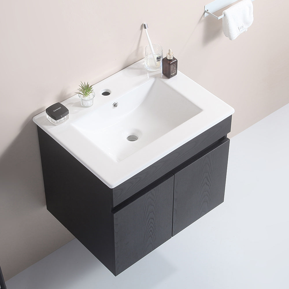 24 Inch Wall Mounted Bathroom Vanity With White Ceramic Basin,Two Soft Close Cabinet Doors, Solid Wood,Excluding Faucets,Black Black Solid Wood