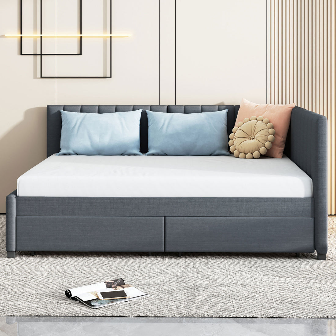 Full Size Upholstered Daybed With 2 Storage Drawers Sofa Bed Frame No Box Spring Needed, Linen Fabric Gray Gray Linen