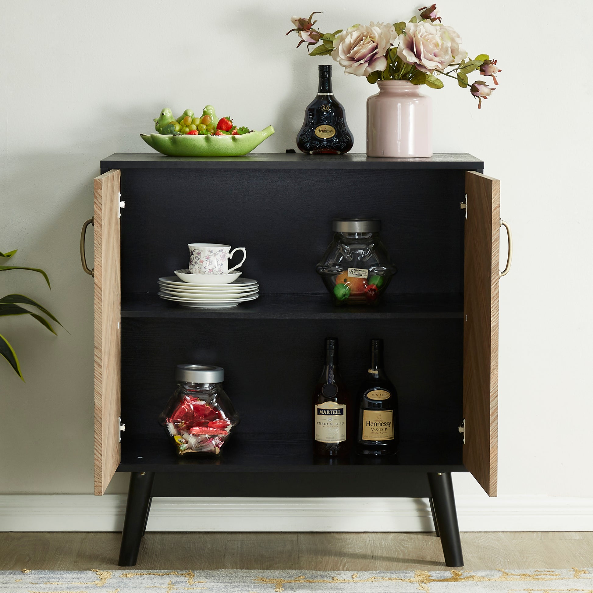 Modern Buffet Storage Cabinet, Sideboard Buffet Cabinet With Doors And Storage Shelves For Kitchen, Office, Dining Room, Living Room Black White Mdf