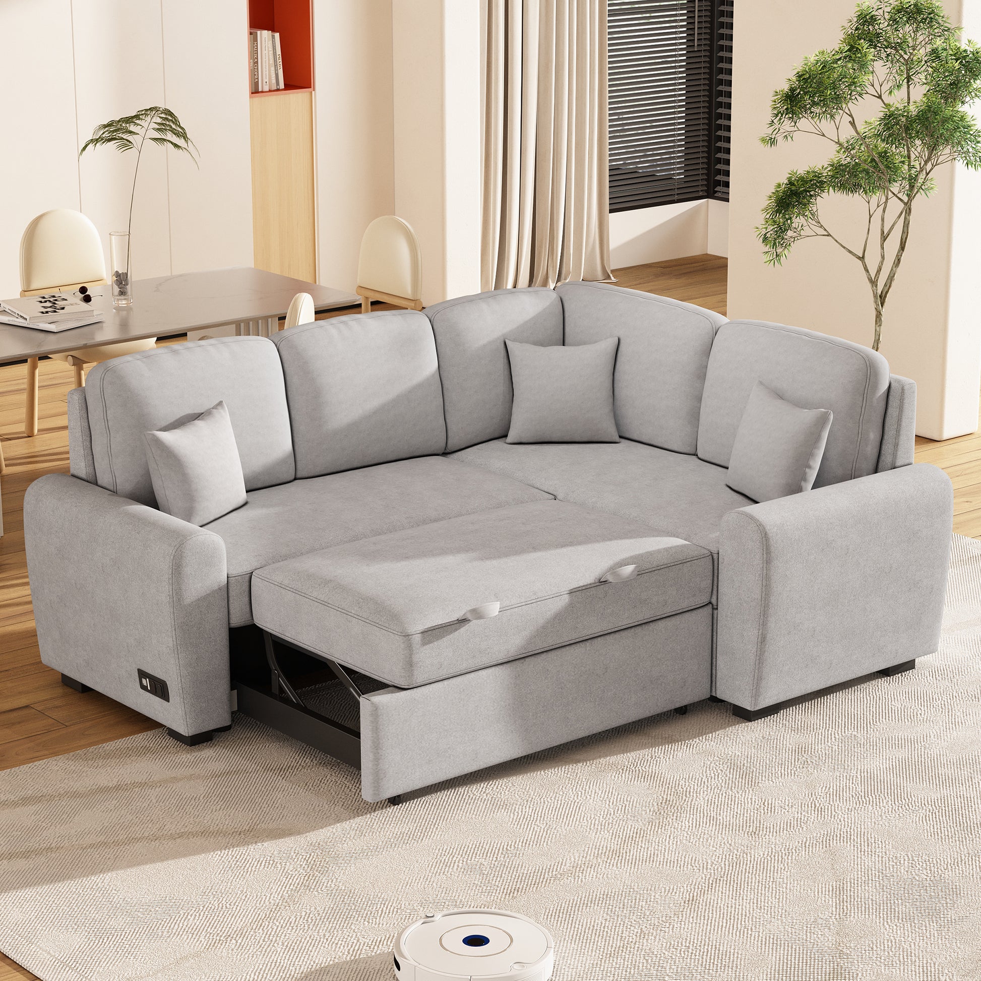 87.4"Sectional Sleeper Sofa With Usb Charging Port And Plug Outlet,Pull Out Sofa Bed With 3 Pillows, L Shape Chaise For Living Room Small Apartment,Grey Old Sku Sg000720Aae Grey Foam Chenille