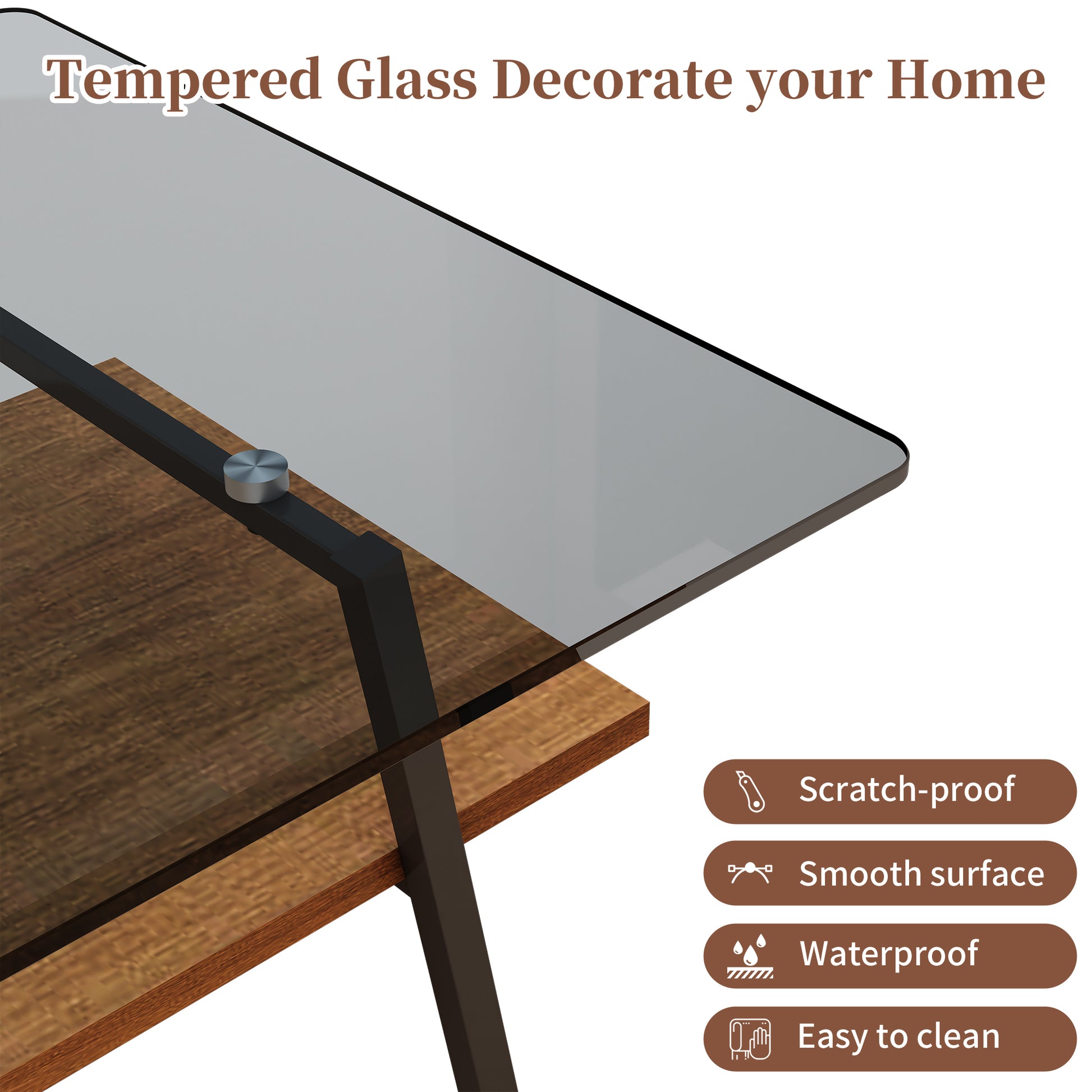 Rectangle Coffee Table, Tempered Glass Tabletop With Black Metal Legs, Modern Table For Living Roomgray Glass Gray Tempered Glass