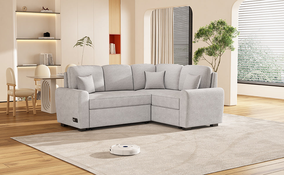 87.4"Sectional Sleeper Sofa With Usb Charging Port And Plug Outlet,Pull Out Sofa Bed With 3 Pillows, L Shape Chaise For Living Room Small Apartment,Grey Old Sku Sg000720Aae Grey Foam Chenille