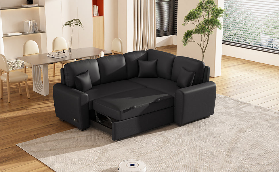 87.4"Sectional Sleeper Sofa With Usb Charging Port And Plug Outlet,Pull Out Sofa Bed With 3 Pillows, L Shape Chaise For Living Room Small Apartment,Black Old Sku Sg000720Aab Black Foam Linen