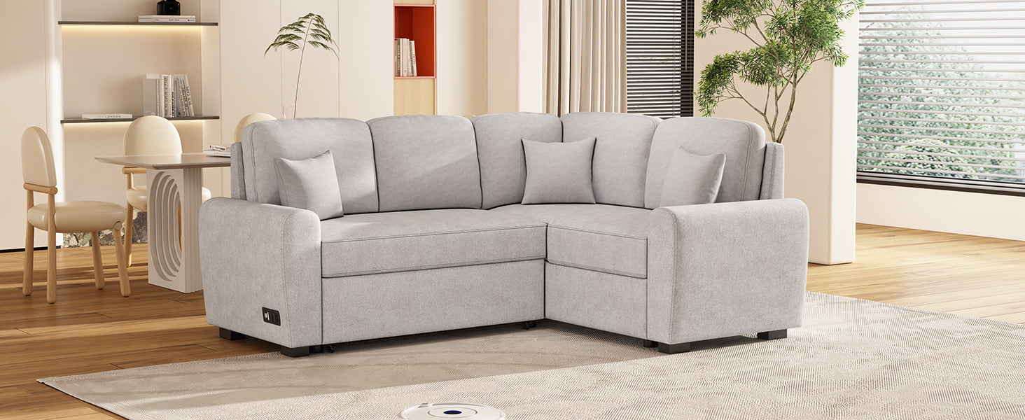 87.4"Sectional Sleeper Sofa With Usb Charging Port And Plug Outlet,Pull Out Sofa Bed With 3 Pillows, L Shape Chaise For Living Room Small Apartment,Grey Old Sku Sg000720Aae Grey Foam Chenille