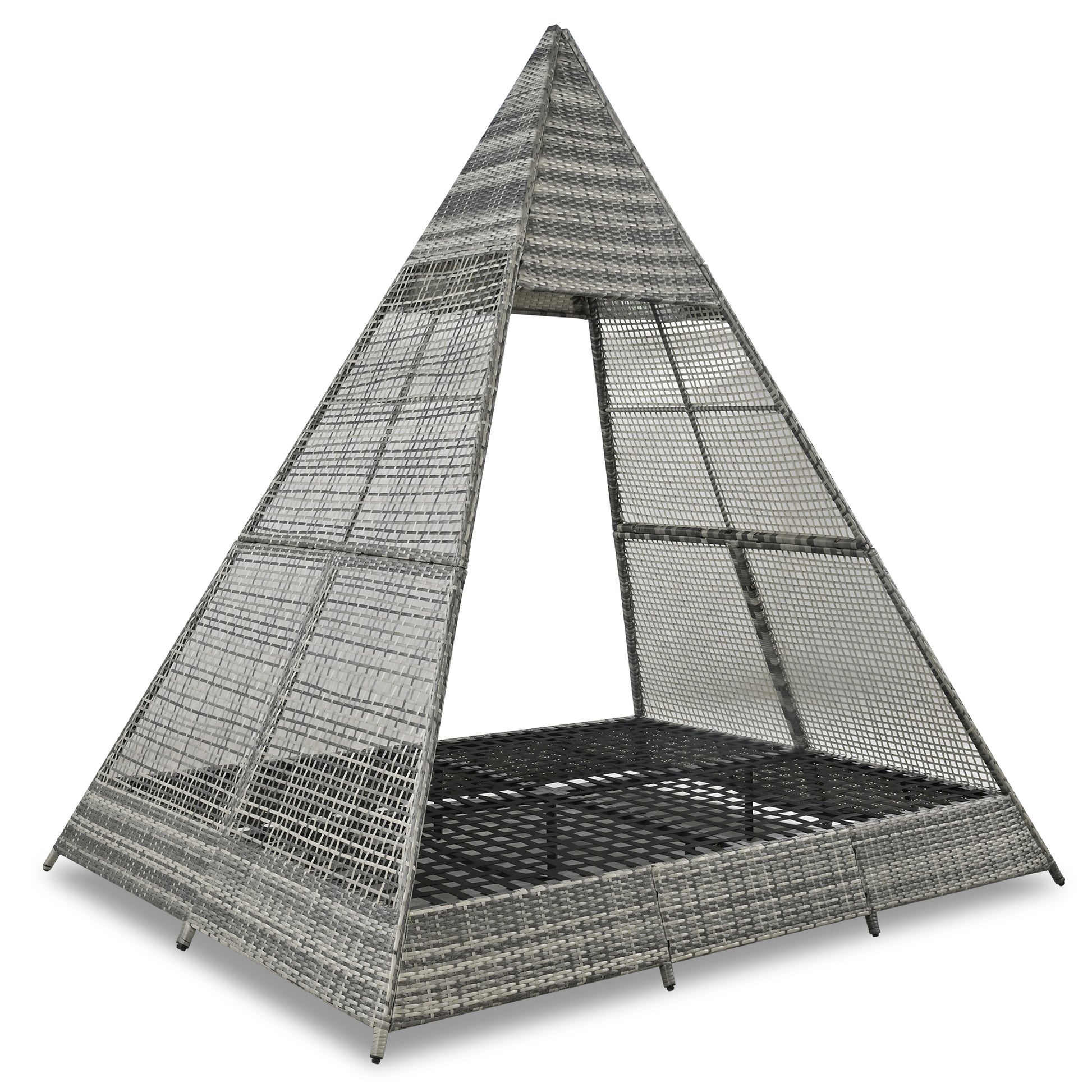 90.5" Length Outdoor Sunbed With Colorful Pillows, Wicker Patio Daybed With Cushions, Tent Shape, Gray And Blue Yes Blue Grey Wicker