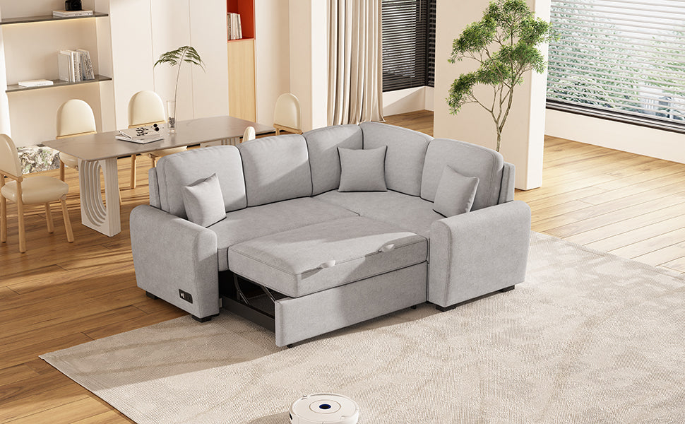 87.4"Sectional Sleeper Sofa With Usb Charging Port And Plug Outlet,Pull Out Sofa Bed With 3 Pillows, L Shape Chaise For Living Room Small Apartment,Grey Old Sku Sg000720Aae Grey Foam Chenille