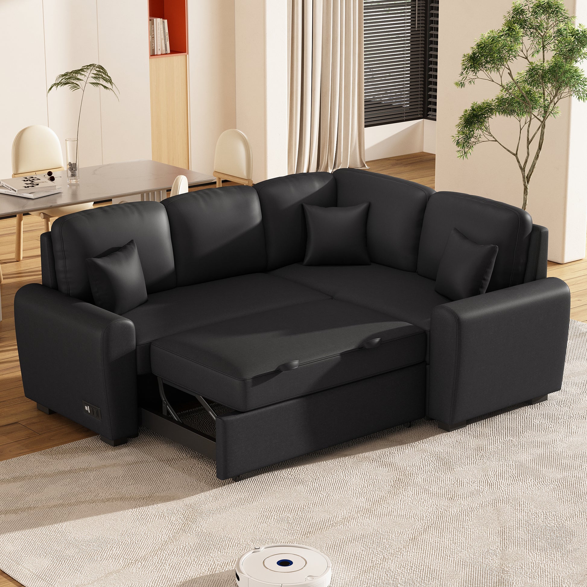 87.4"Sectional Sleeper Sofa With Usb Charging Port And Plug Outlet,Pull Out Sofa Bed With 3 Pillows, L Shape Chaise For Living Room Small Apartment,Black Old Sku Sg000720Aab Black Foam Linen