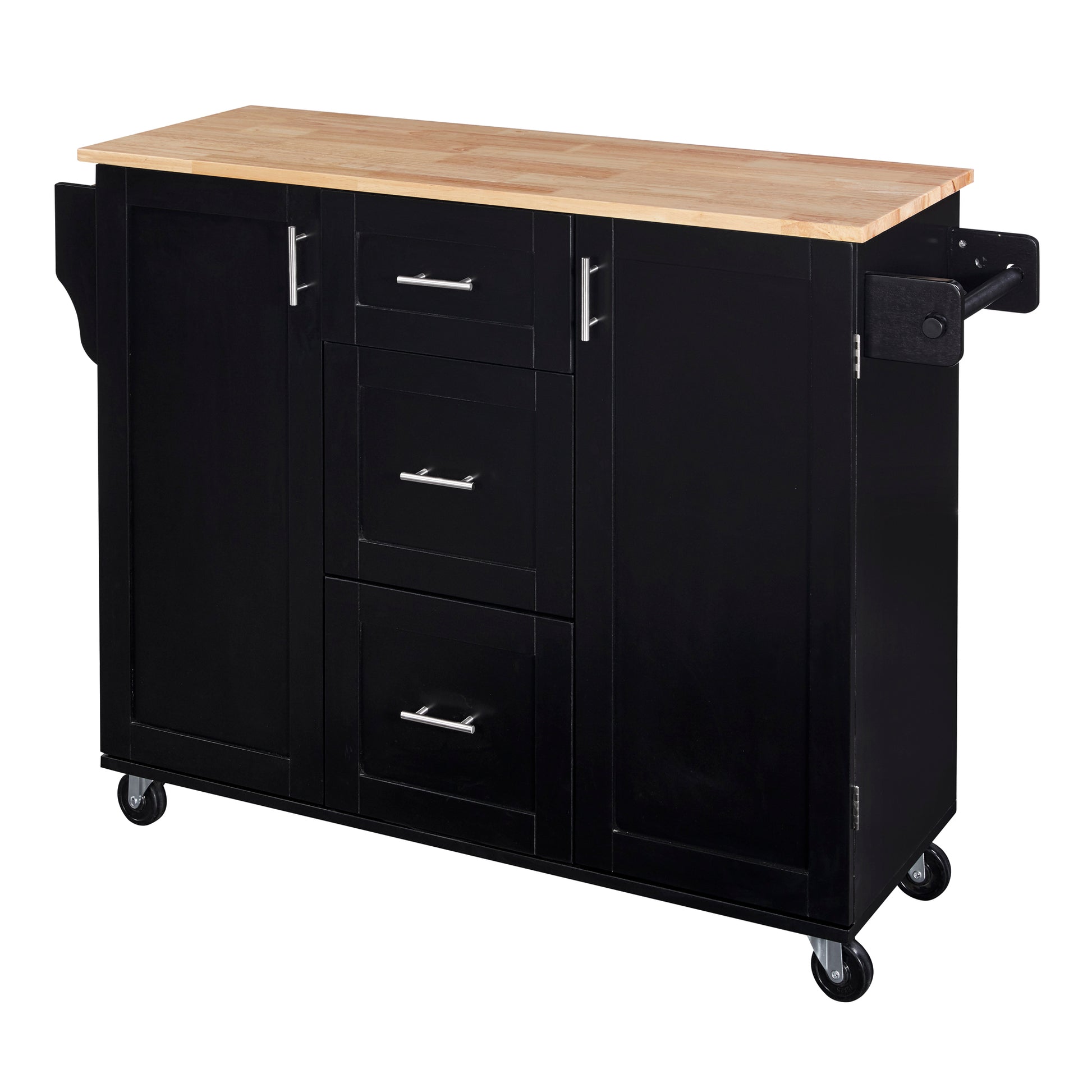 K&K Rolling Kitchen Island With Storage, Kitchen Cart With Rubber Wood Top, 3 Drawer, 2 Slide Out Shelf And Internal Storage Rack, Kitchen Island On Wheels With Spice Rack & Tower Rack, Black Black Kitchen Classic,European,Modern Rectangular Kitchen