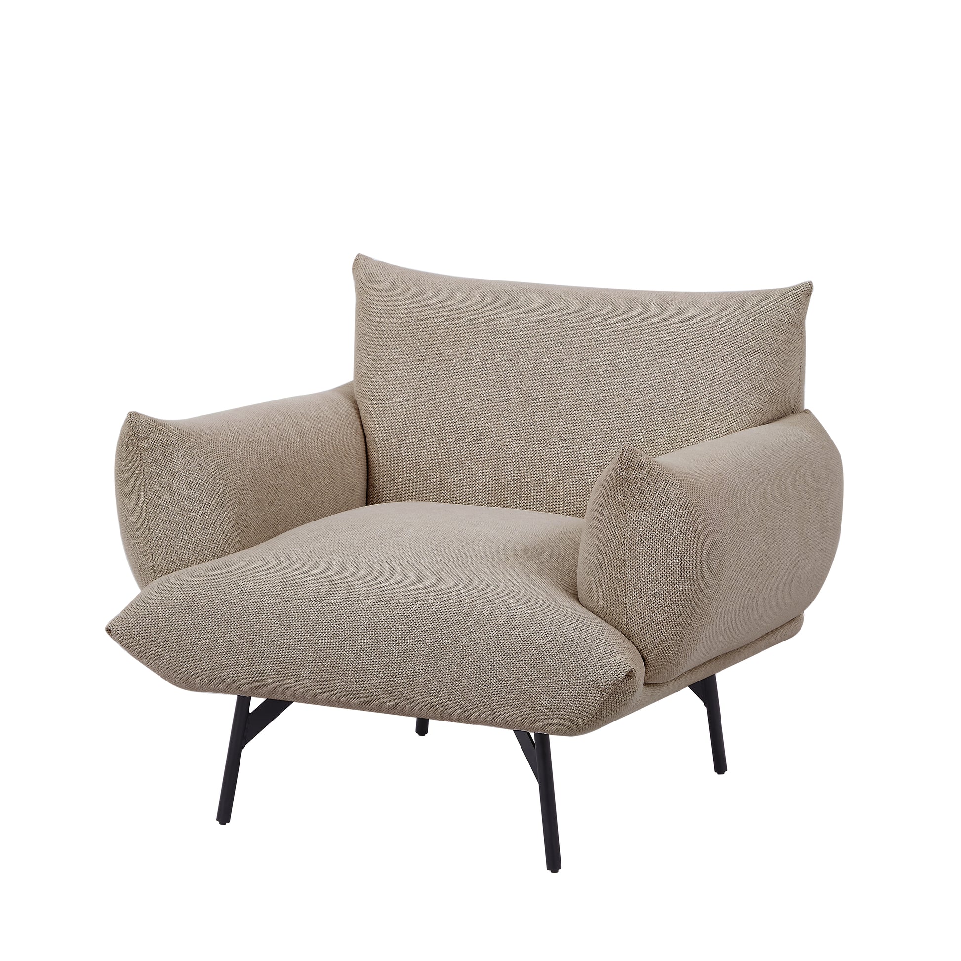 36" Modern Accent Upholstered Armchair, Beige Flannelette Fabric Reading Chair, Originality Of Shapes And Black Metal Legs Single Sofa For Bedroom, Apartment, Office, Lounge. Beige Foam Fabric