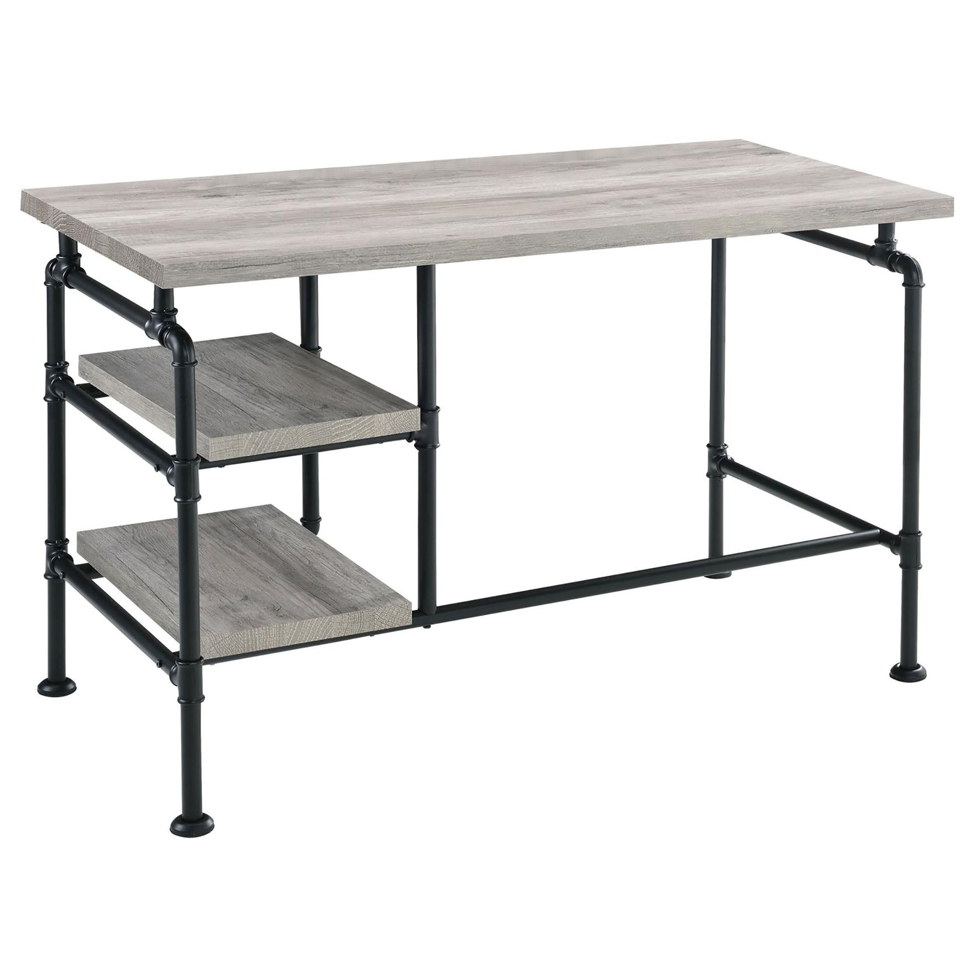 Grey Driftwood And Black 2 Shelf Writing Desk Grey Writting Desk Office Industrial Rectangular Shelves Desk Wood