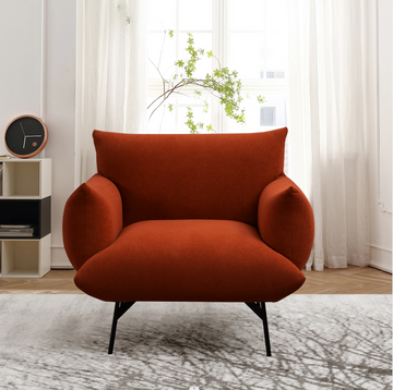 36" Modern Accent Upholstered Armchair, Curry Flannelette Fabric Reading Chair, Originality Of Shapes And Black Metal Legs Single Sofa For Bedroom, Apartment, Office, Lounge Red Foam Fabric