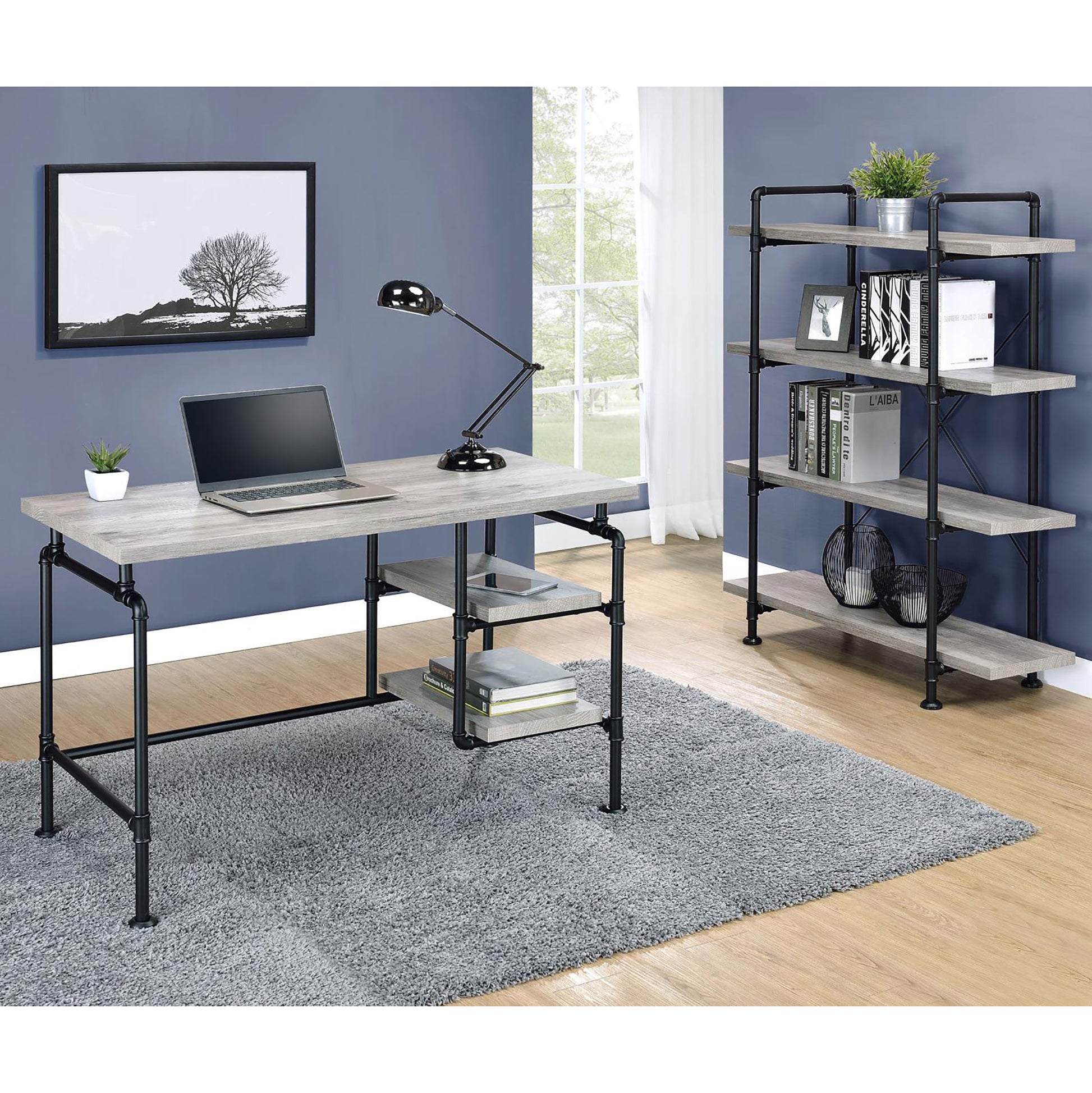 Grey Driftwood And Black 2 Shelf Writing Desk Grey Writting Desk Office Industrial Rectangular Shelves Desk Wood